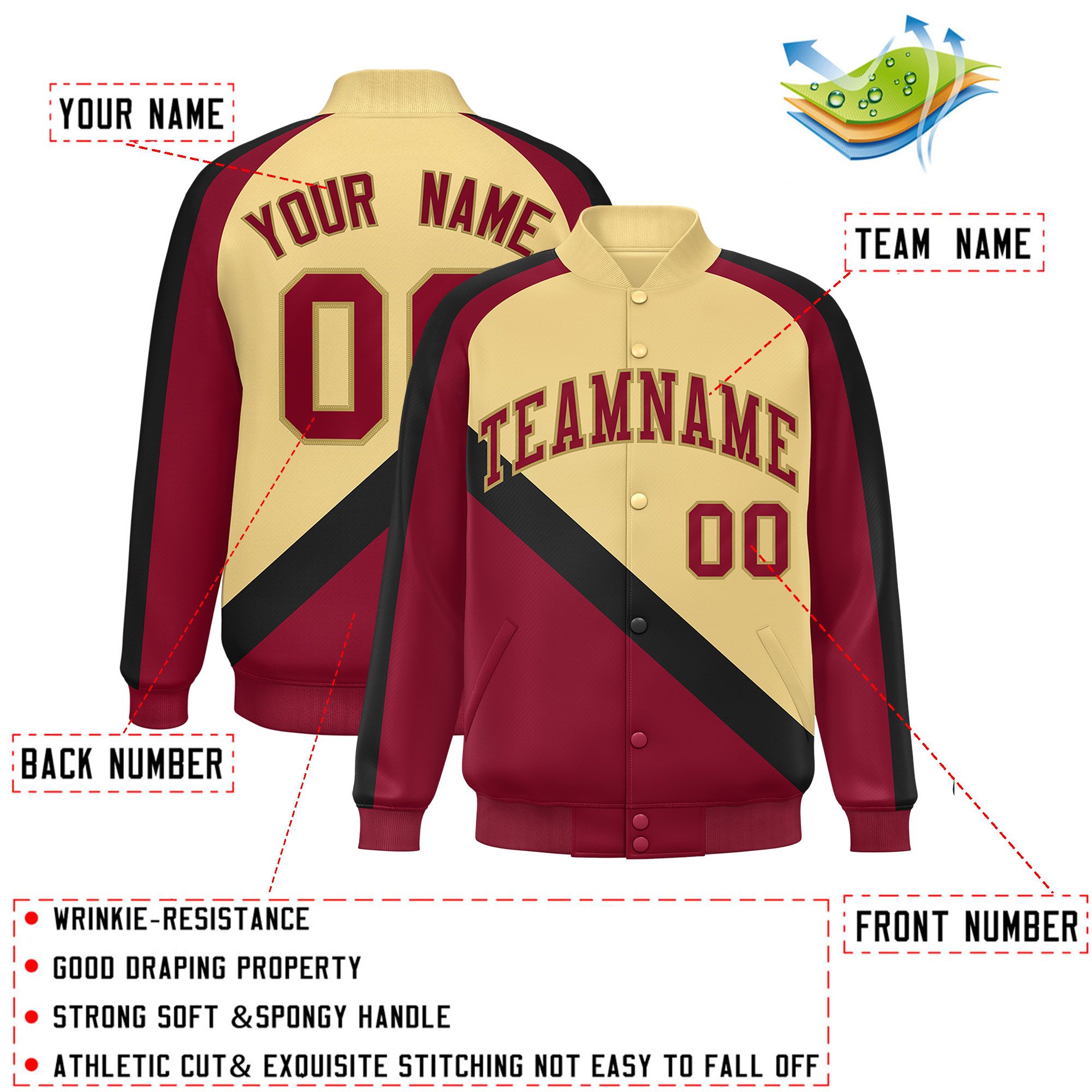 Custom Khaki Crimson Raglan Sleeves Varsity Full-Snap Letterman Baseball Jacket