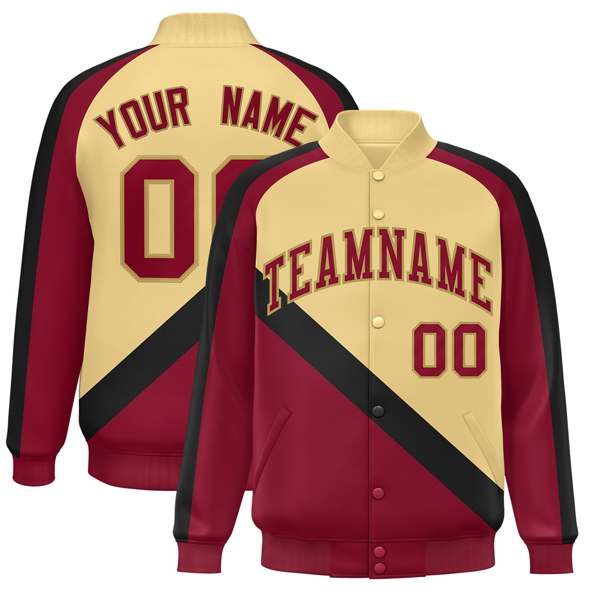 Custom Khaki Crimson Raglan Sleeves Varsity Full-Snap Letterman Baseball Jacket