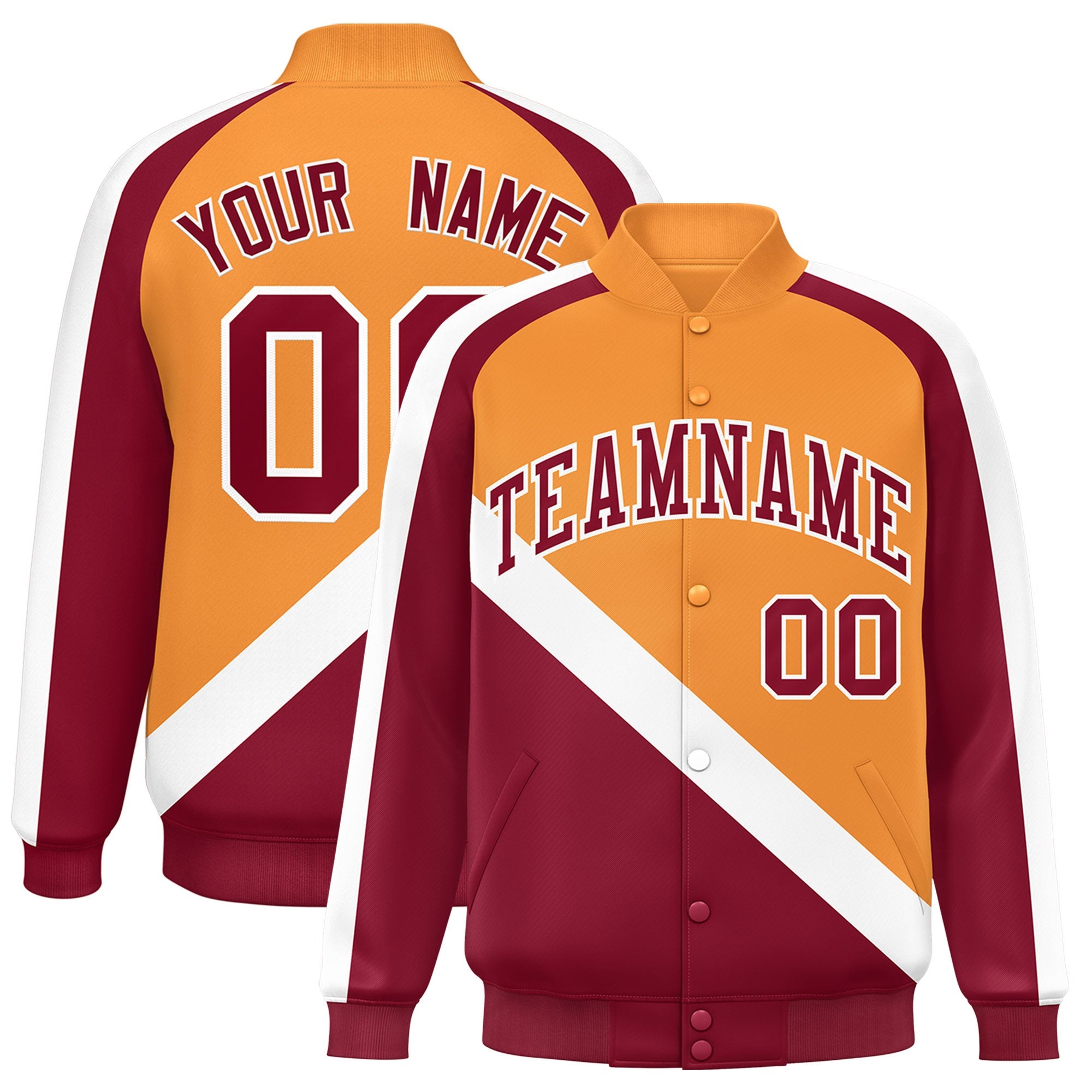 Custom Orange Crimson Raglan Sleeves Varsity Full-Snap Letterman Baseball Jacket