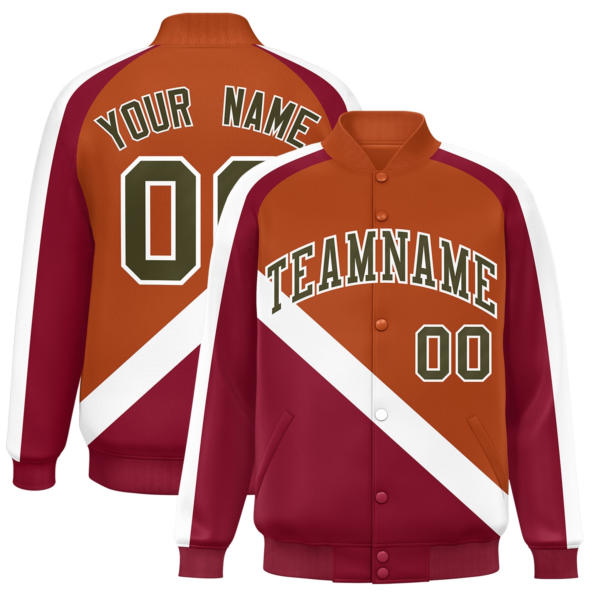 Custom Texas Orange Crimson Raglan Sleeves Varsity Full-Snap Letterman Baseball Jacket