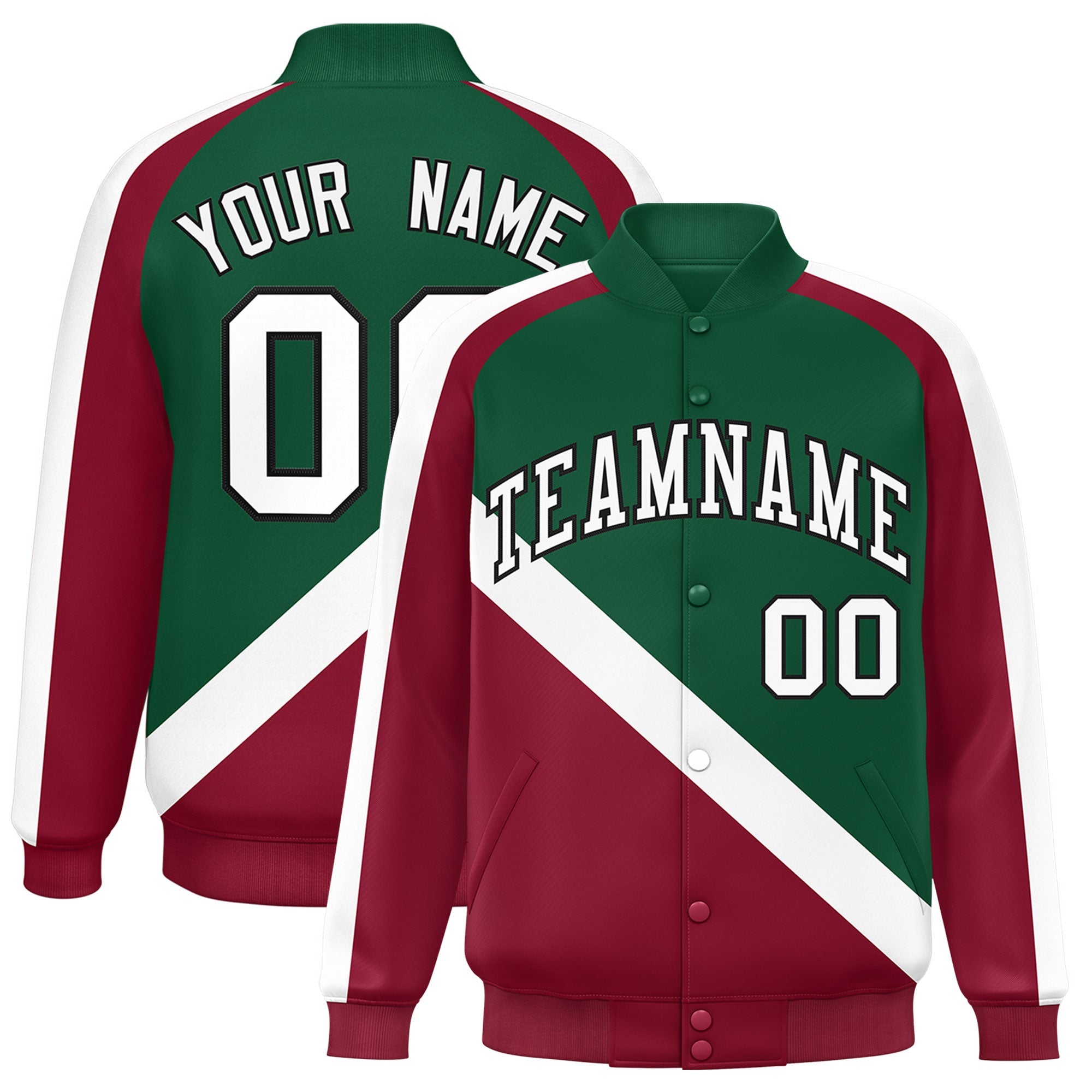 Custom Green Crimson Raglan Sleeves Varsity Full-Snap Letterman Baseball Jacket