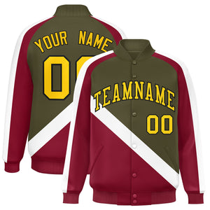 Custom Olive Crimson Raglan Sleeves Varsity Full-Snap Letterman Baseball Jacket