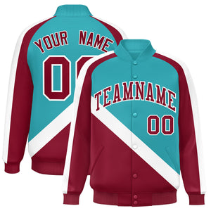 Custom Aqua Crimson Raglan Sleeves Varsity Full-Snap Letterman Baseball Jacket