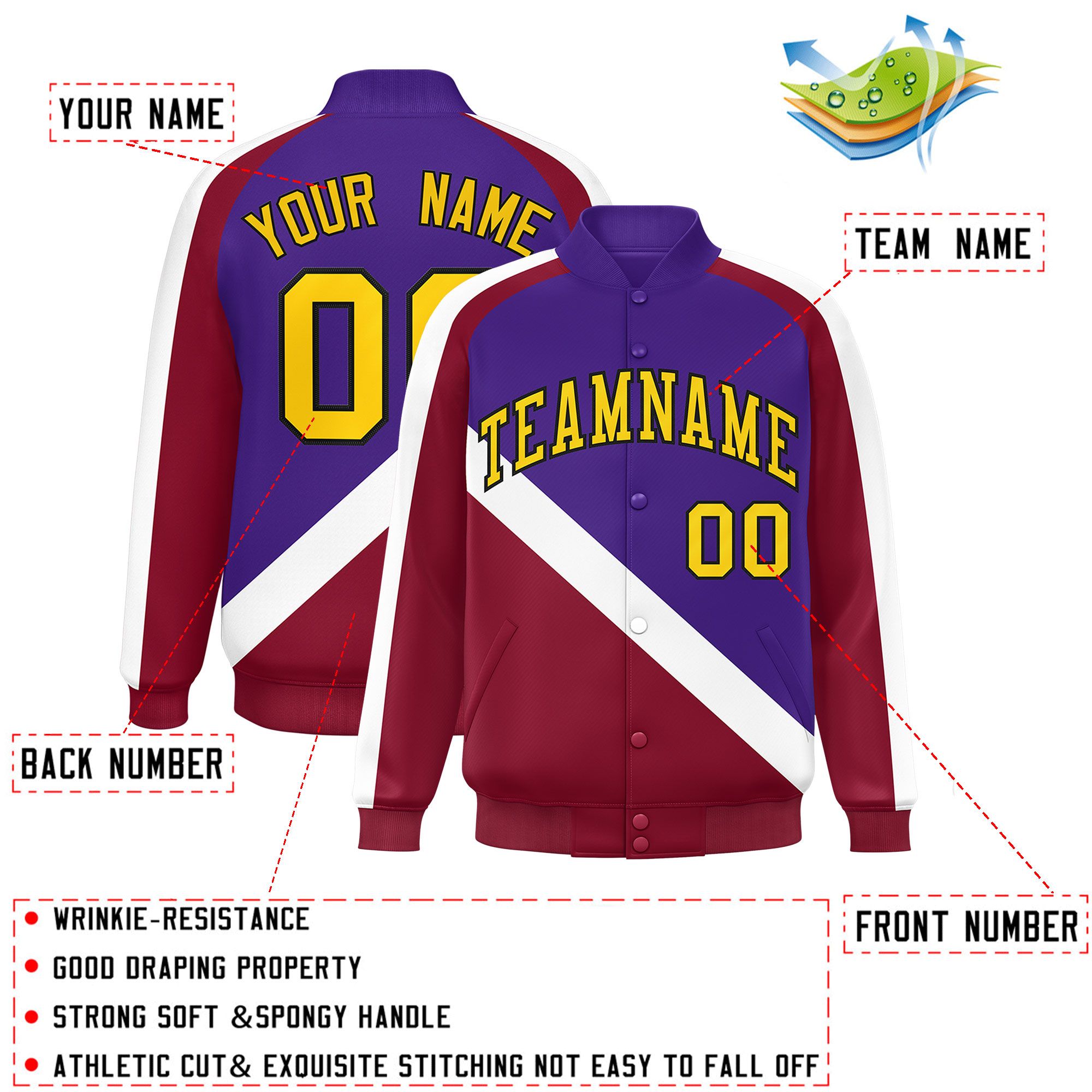 Custom Purple Crimson Raglan Sleeves Varsity Full-Snap Letterman Baseball Jacket