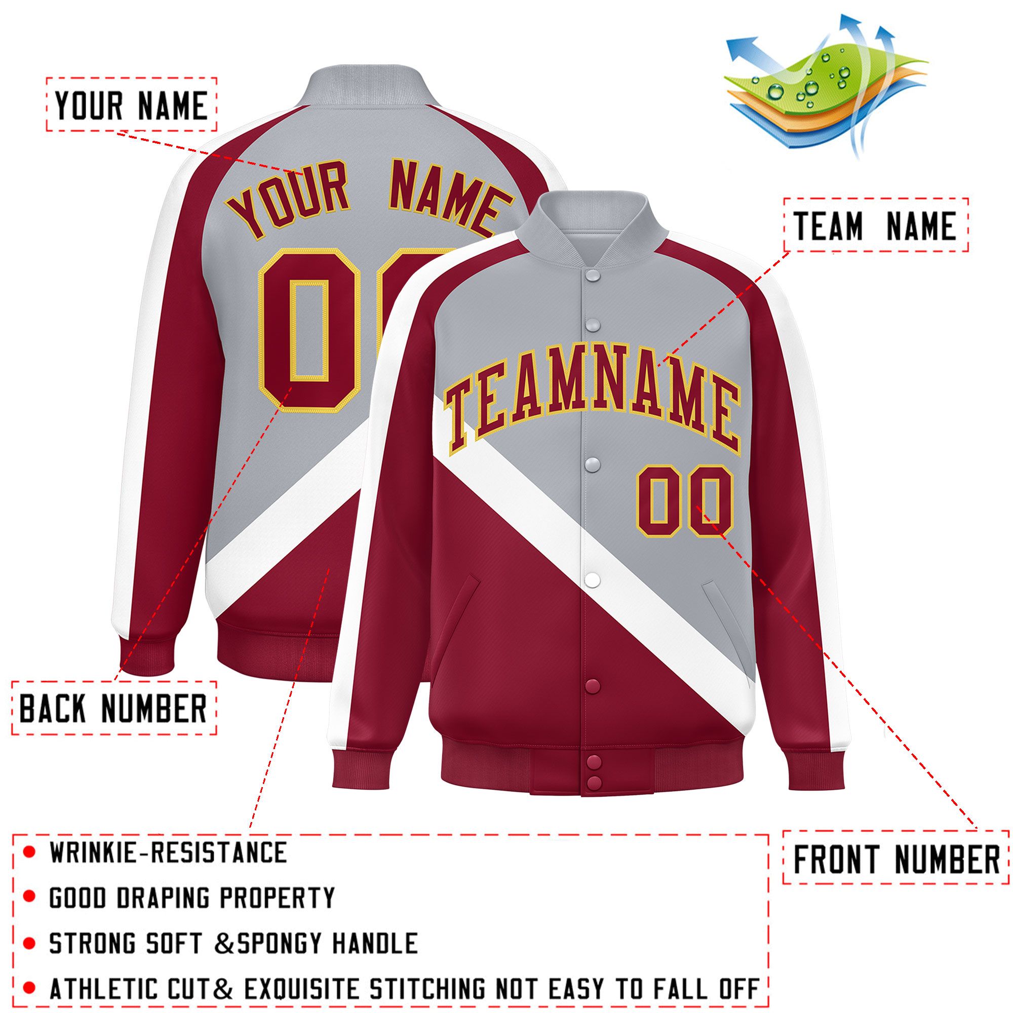 Custom Gray Crimson Raglan Sleeves Varsity Full-Snap Letterman Baseball Jacket