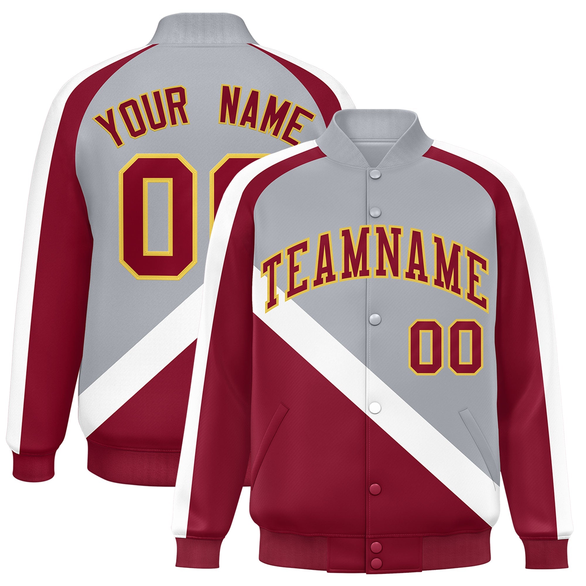 Custom Gray Crimson Raglan Sleeves Varsity Full-Snap Letterman Baseball Jacket