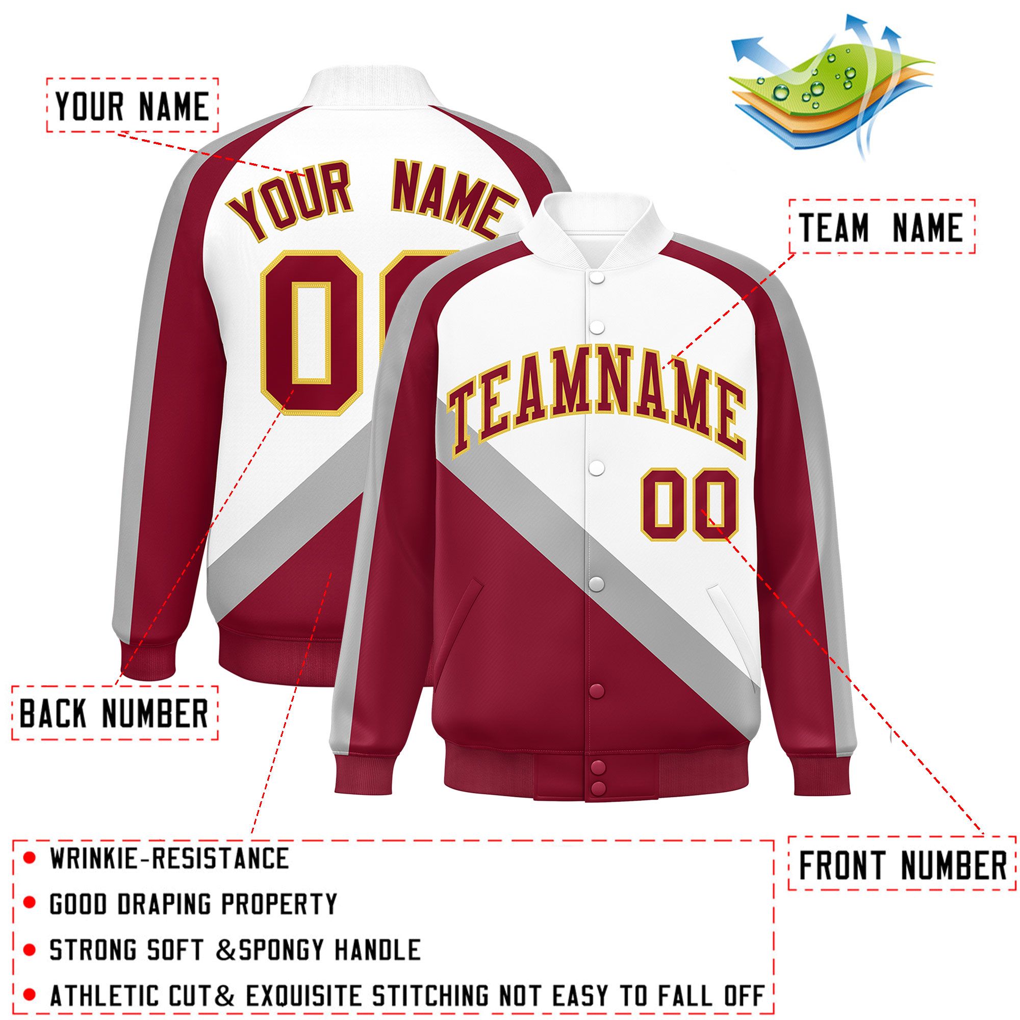 Custom White Crimson Raglan Sleeves Varsity Full-Snap Letterman Baseball Jacket