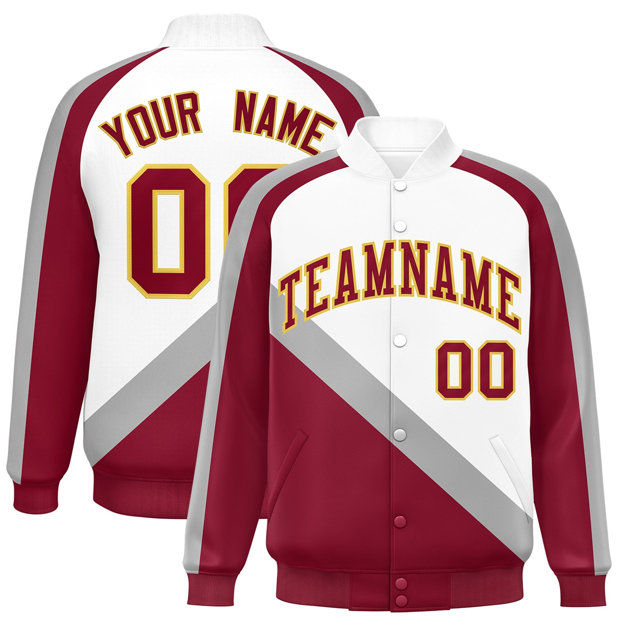 Custom White Crimson Raglan Sleeves Varsity Full-Snap Letterman Baseball Jacket