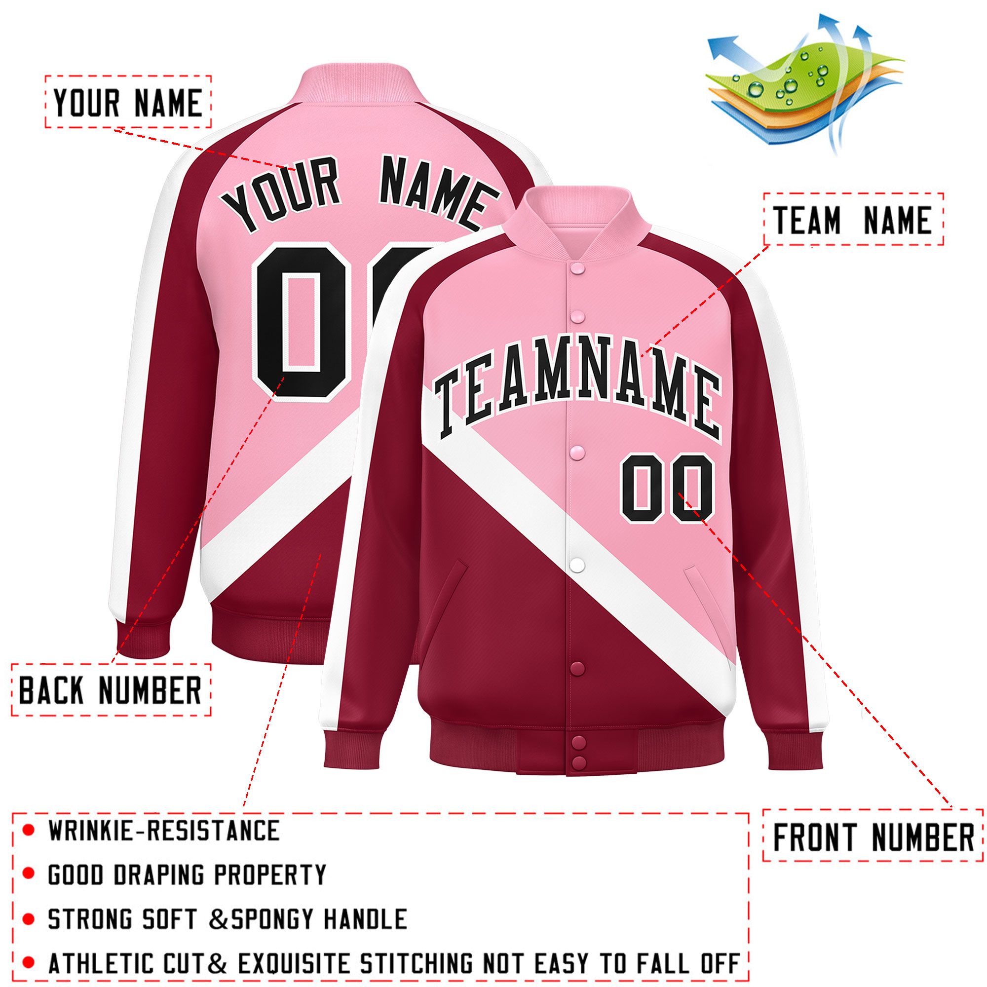 Custom Light Pink Crimson Raglan Sleeves Varsity Full-Snap Letterman Baseball Jacket