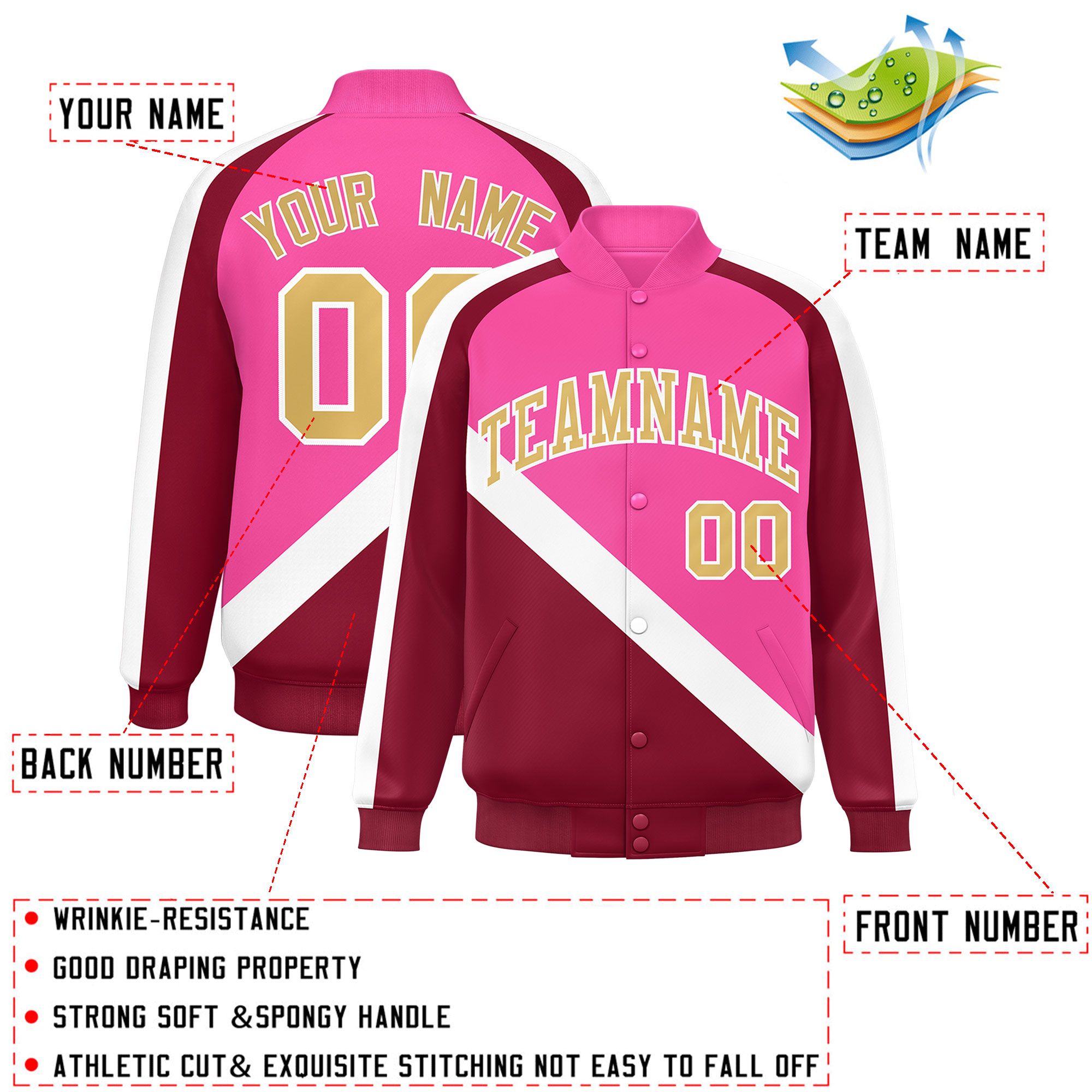 Custom Pink Crimson Raglan Sleeves Varsity Full-Snap Letterman Baseball Jacket