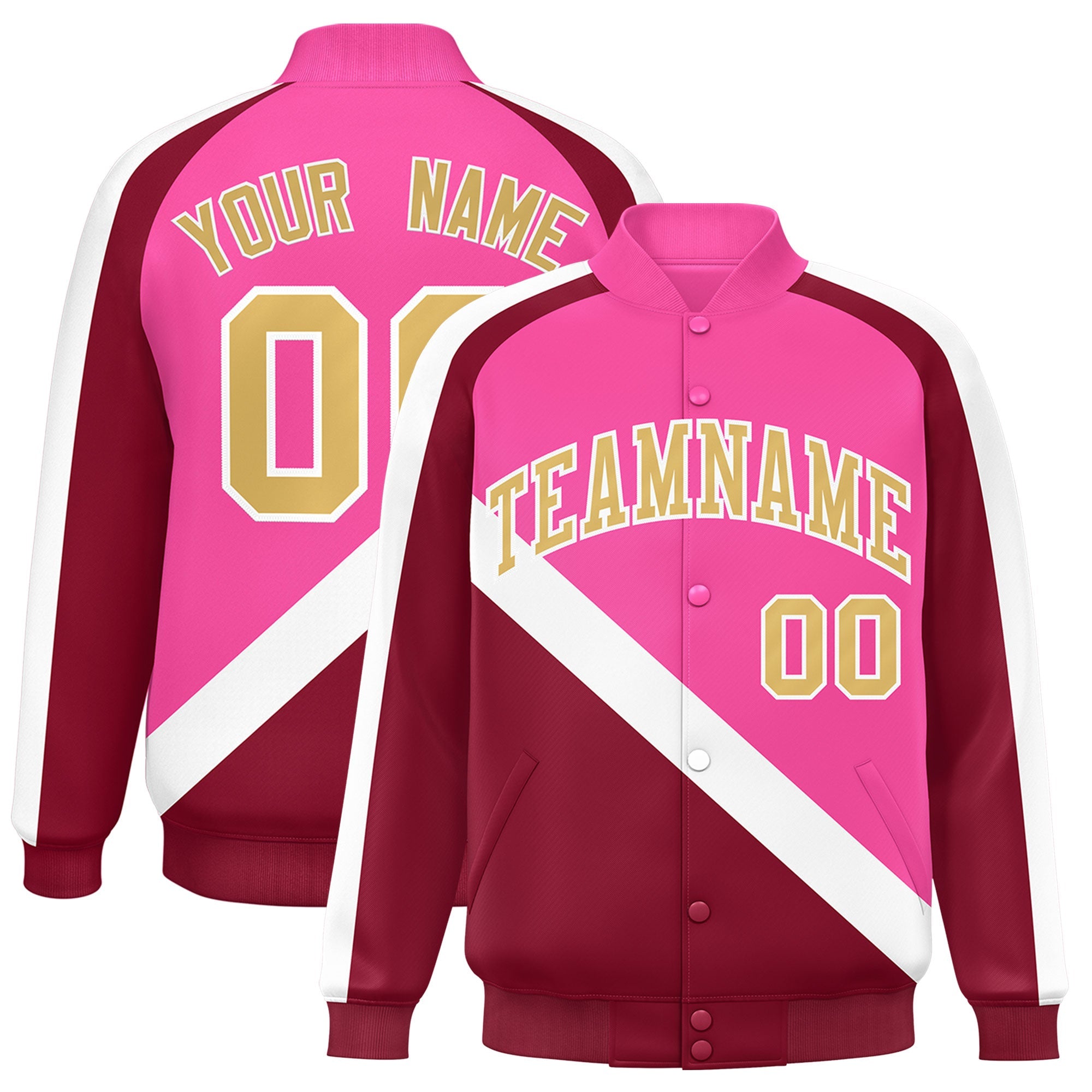 Custom Pink Crimson Raglan Sleeves Varsity Full-Snap Letterman Baseball Jacket