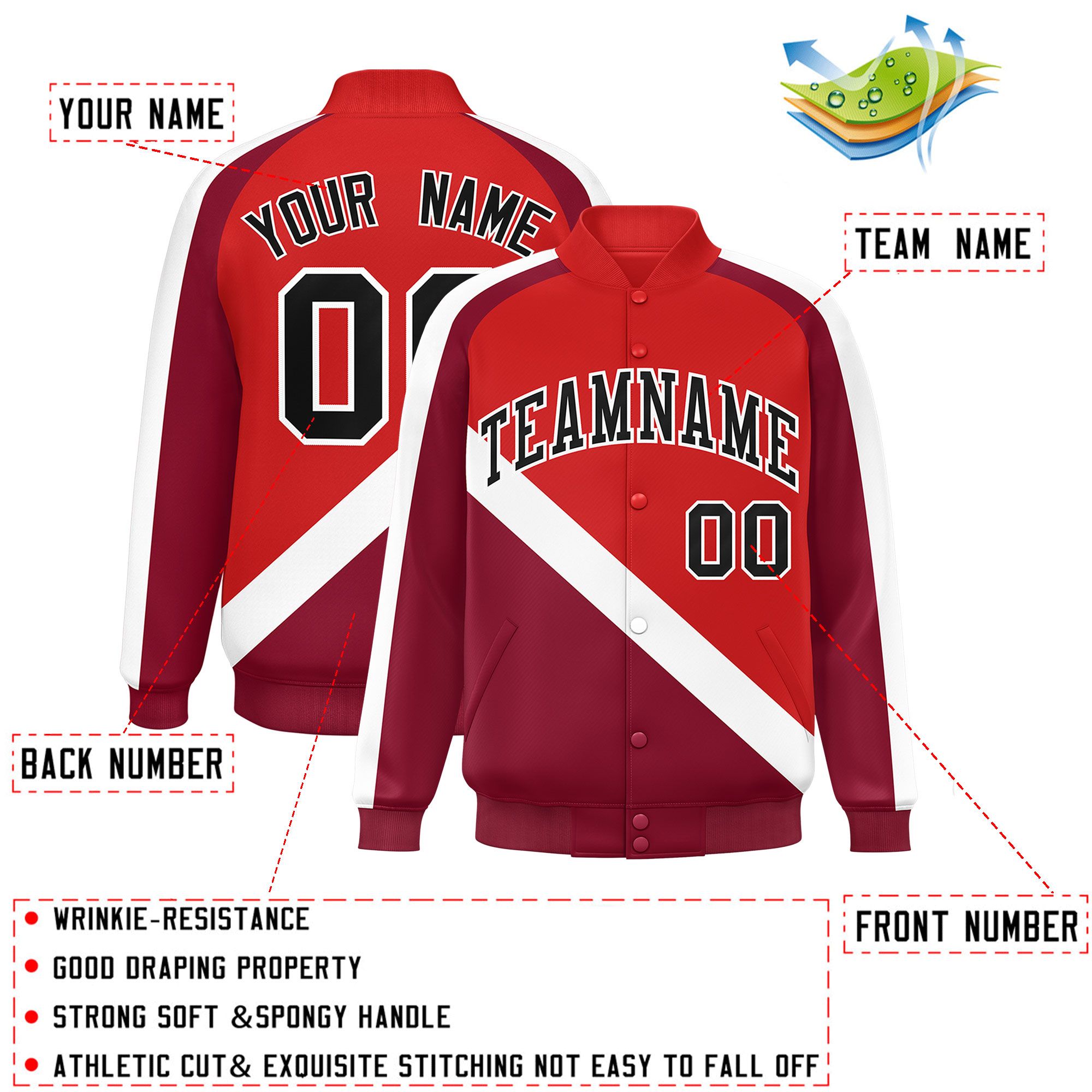 Custom Red Crimson Raglan Sleeves Varsity Full-Snap Letterman Baseball Jacket