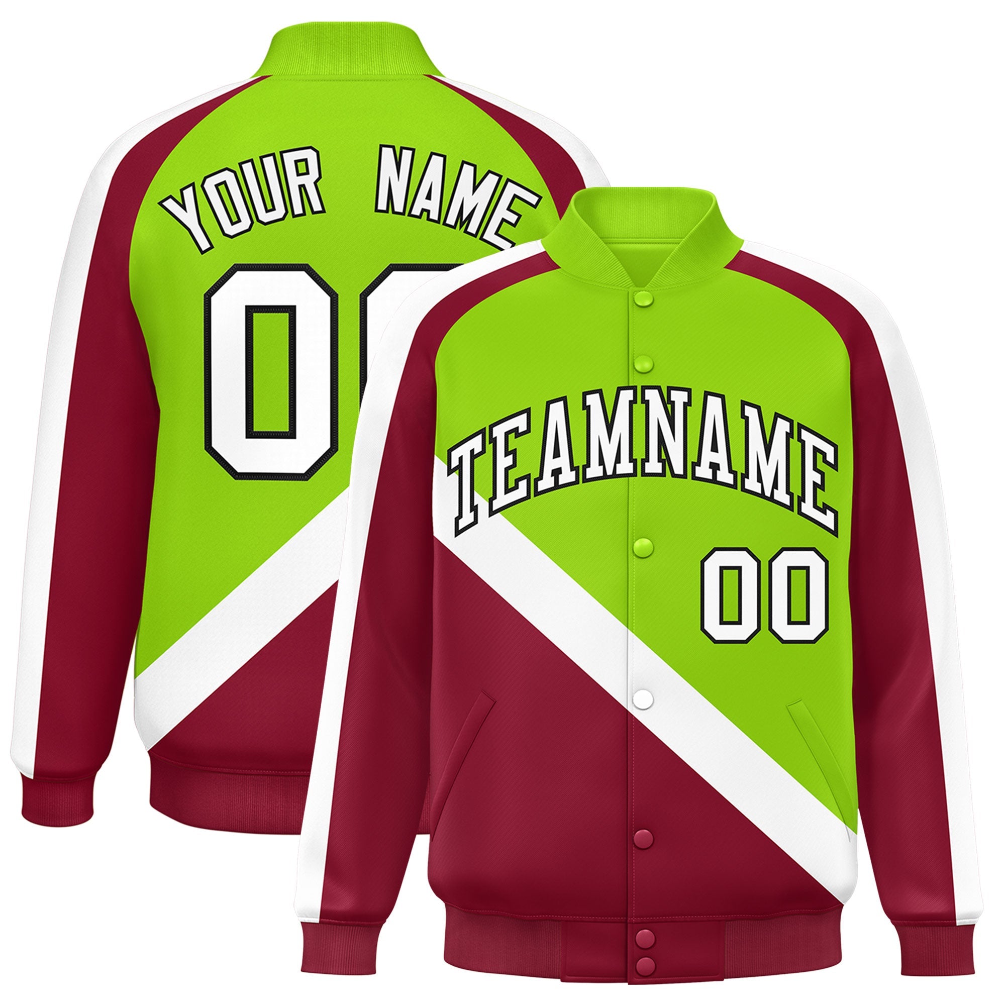 Custom Neon Green Crimson Raglan Sleeves Varsity Full-Snap Letterman Baseball Jacket