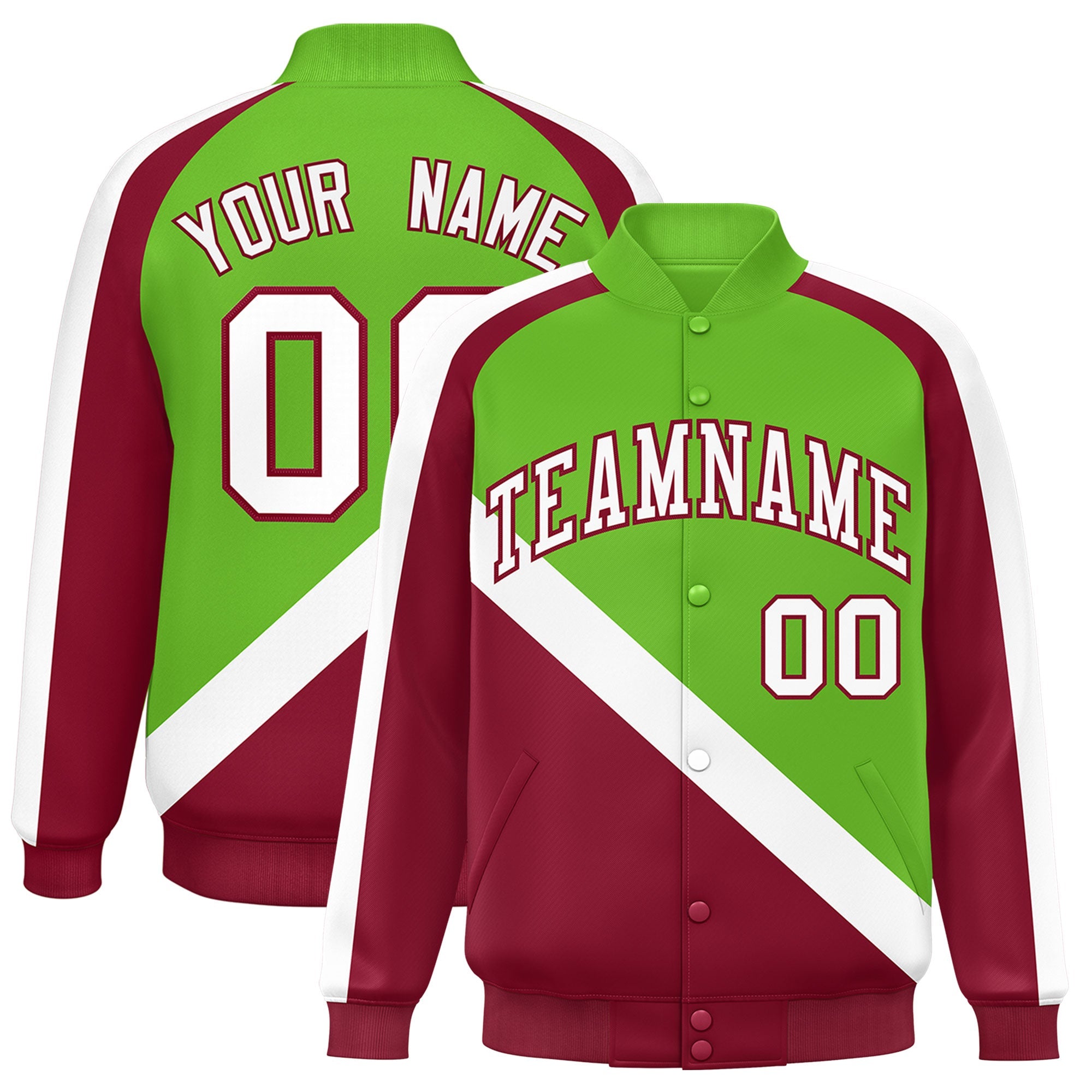 Custom Green Crimson Raglan Sleeves Varsity Full-Snap Letterman Baseball Jacket