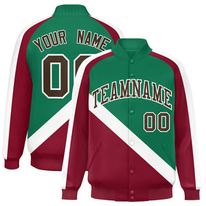 Custom Kelly Green Crimson Raglan Sleeves Varsity Full-Snap Letterman Baseball Jacket