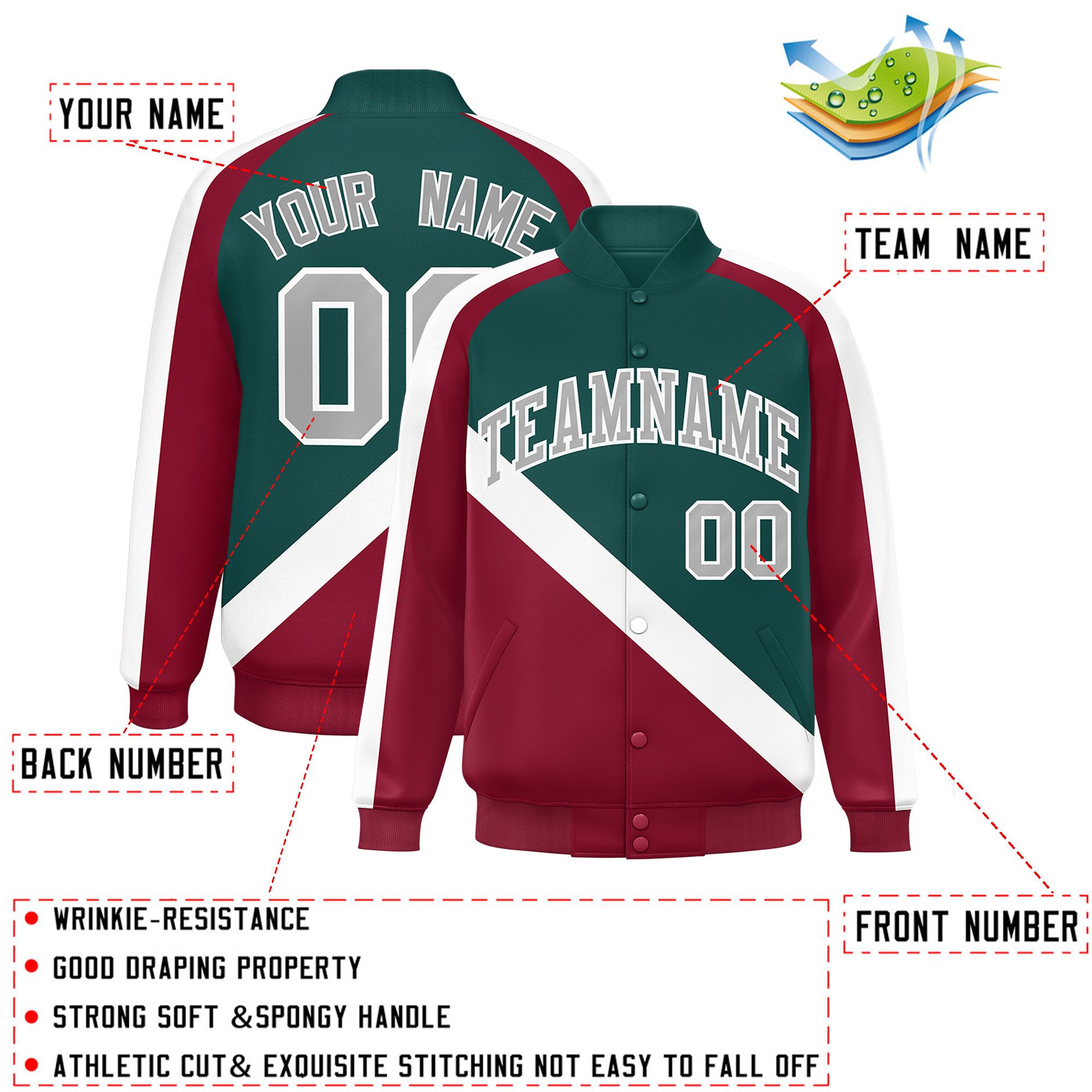 Custom Midnight Green Crimson Raglan Sleeves Varsity Full-Snap Letterman Baseball Jacket