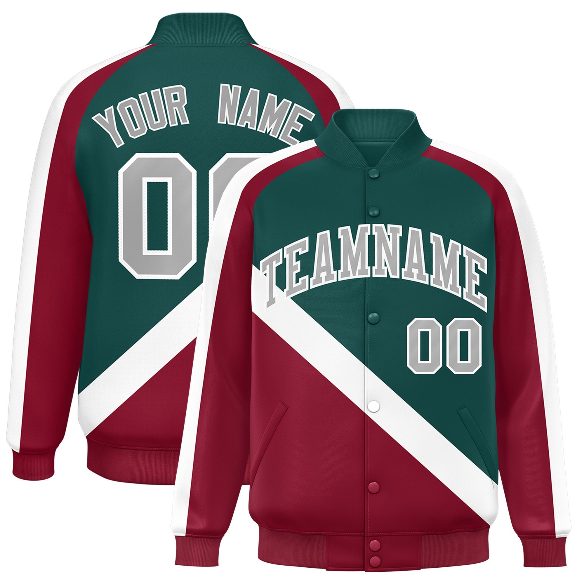 Custom Midnight Green Crimson Raglan Sleeves Varsity Full-Snap Letterman Baseball Jacket