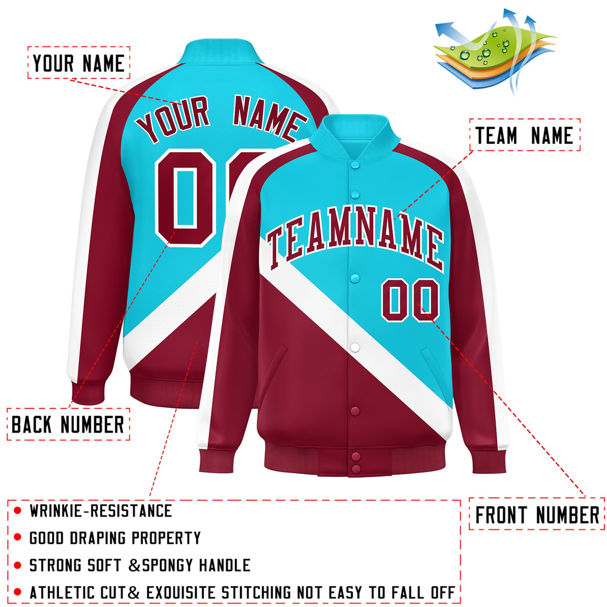 Custom Sky Blue Crimson Raglan Sleeves Varsity Full-Snap Letterman Baseball Jacket