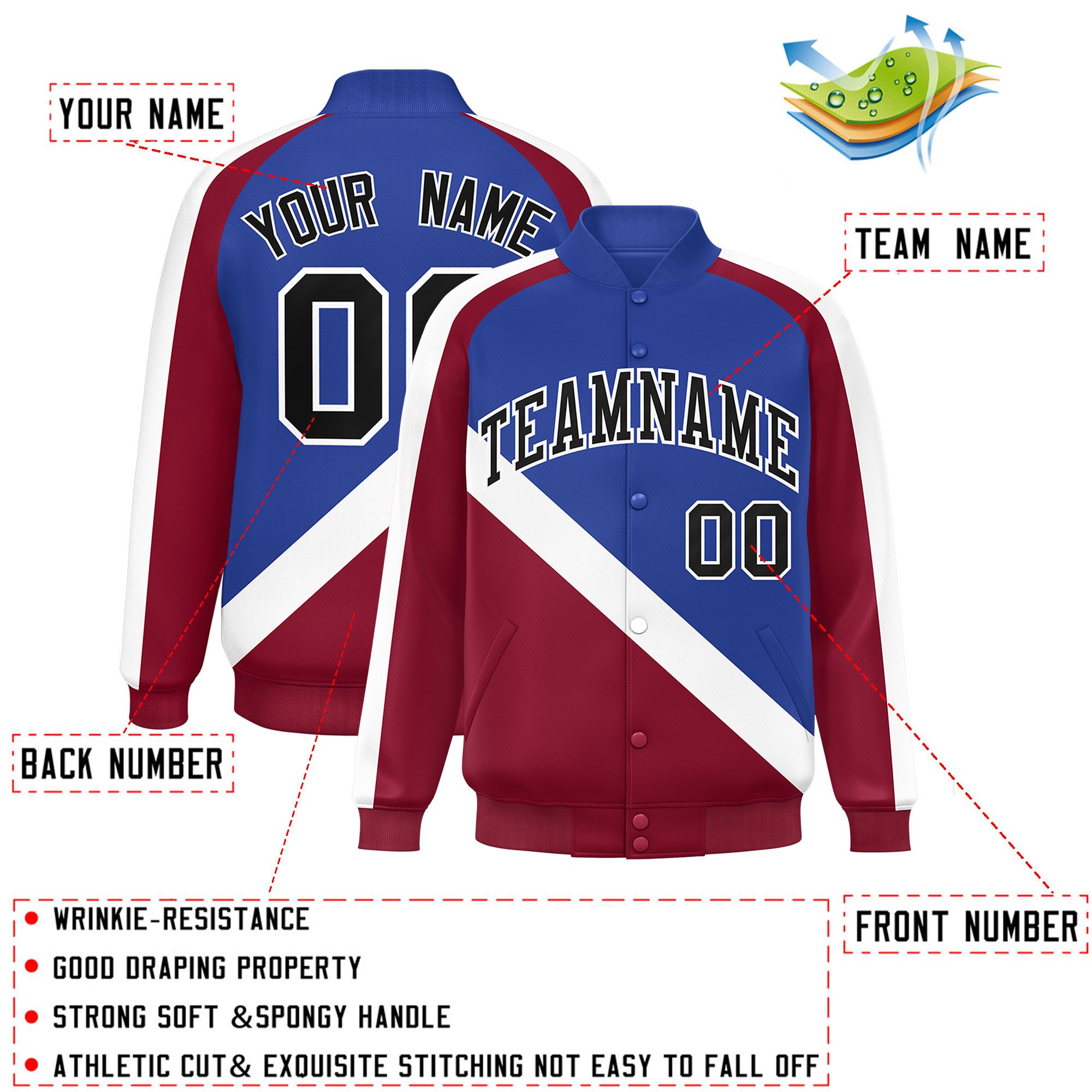 Custom Royal Crimson Raglan Sleeves Varsity Full-Snap Letterman Baseball Jacket