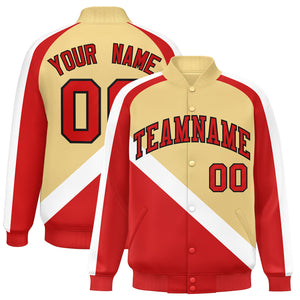 Custom Khaki Red Raglan Sleeves Varsity Full-Snap Letterman Baseball Jacket