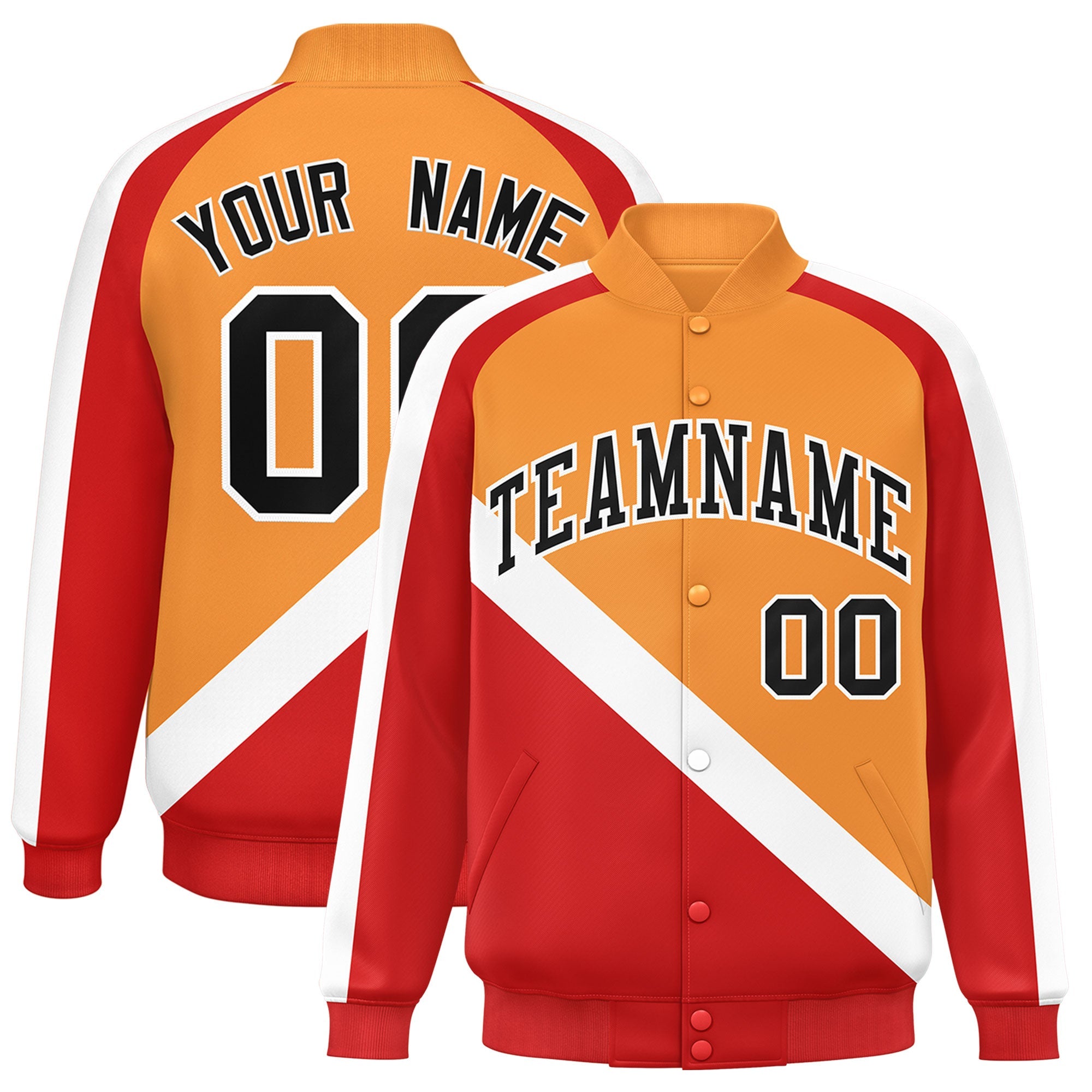 Custom Orange Red Raglan Sleeves Varsity Full-Snap Letterman Baseball Jacket