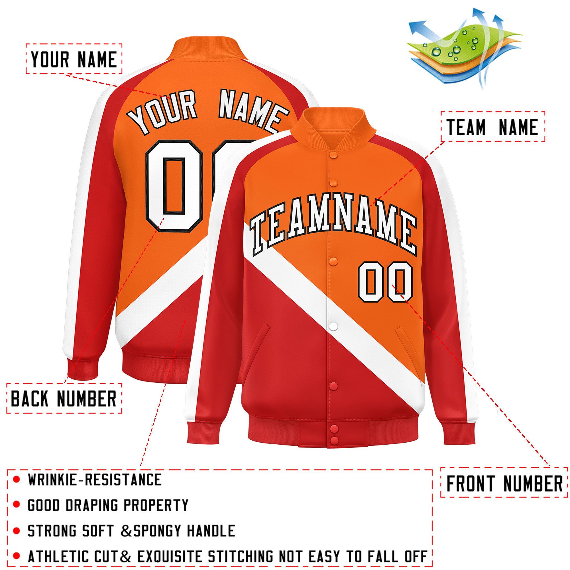 Custom Orange Red Raglan Sleeves Varsity Full-Snap Letterman Baseball Jacket