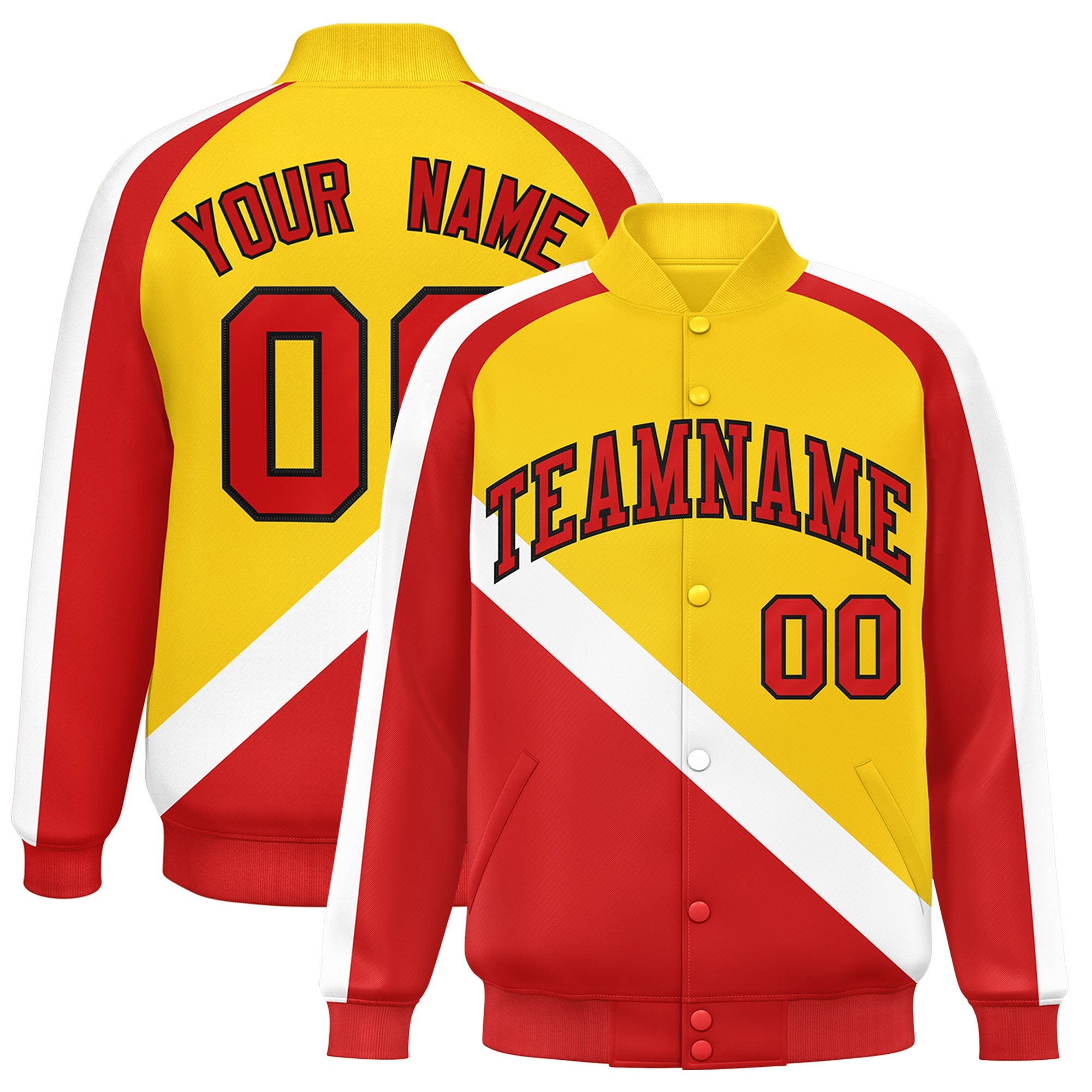 Custom Gold Red Raglan Sleeves Varsity Full-Snap Letterman Baseball Jacket