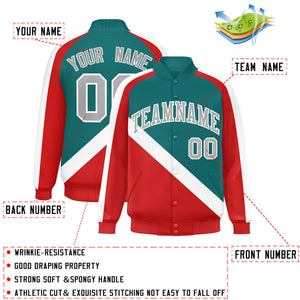 Custom Aqua Red Raglan Sleeves Varsity Full-Snap Letterman Baseball Jacket