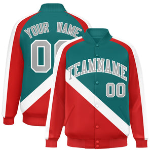 Custom Aqua Red Raglan Sleeves Varsity Full-Snap Letterman Baseball Jacket