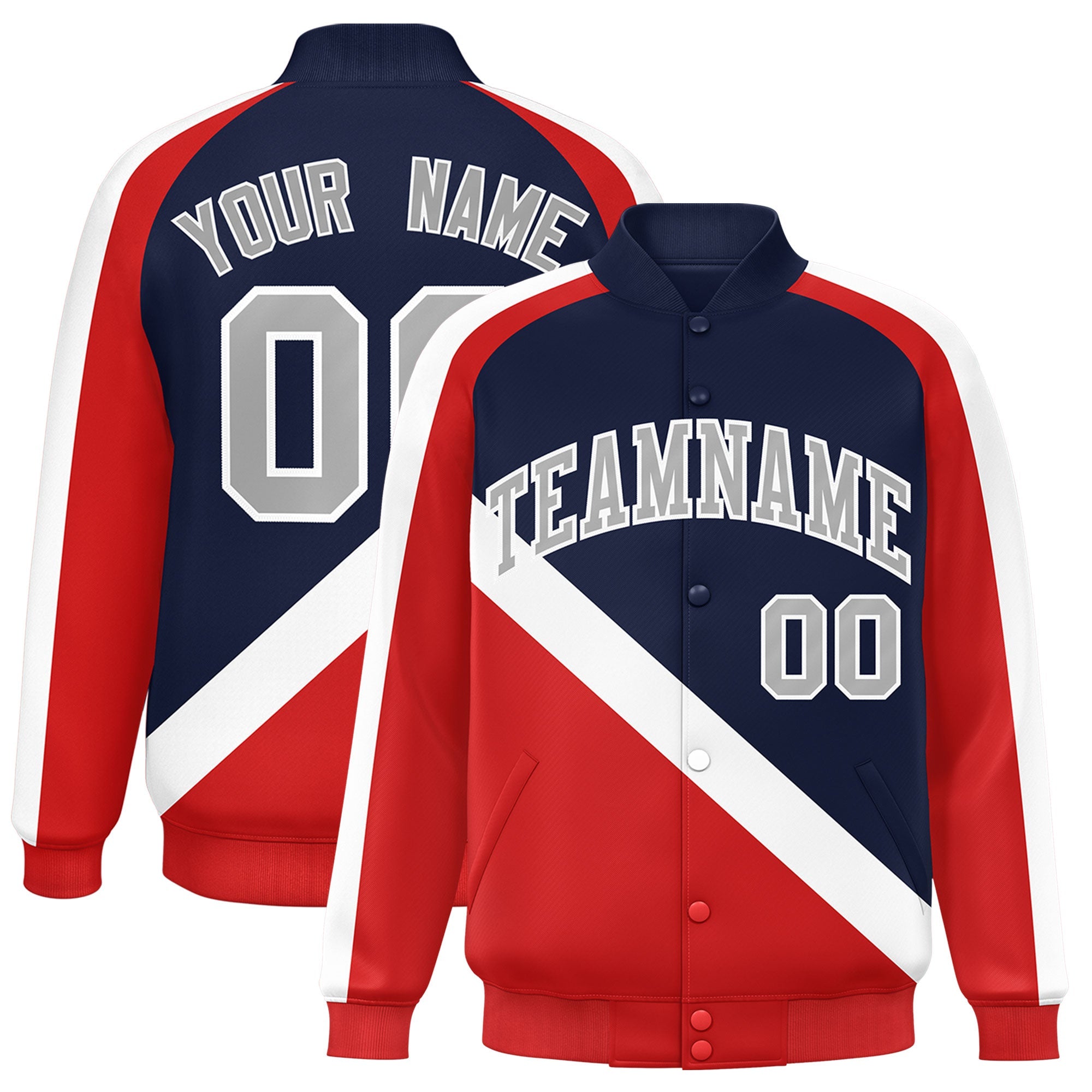 Custom Navy Red Raglan Sleeves Varsity Full-Snap Letterman Baseball Jacket