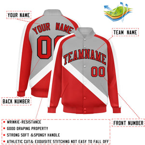 Custom Gray Red Raglan Sleeves Varsity Full-Snap Letterman Baseball Jacket