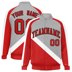 Custom Gray Red Raglan Sleeves Varsity Full-Snap Letterman Baseball Jacket