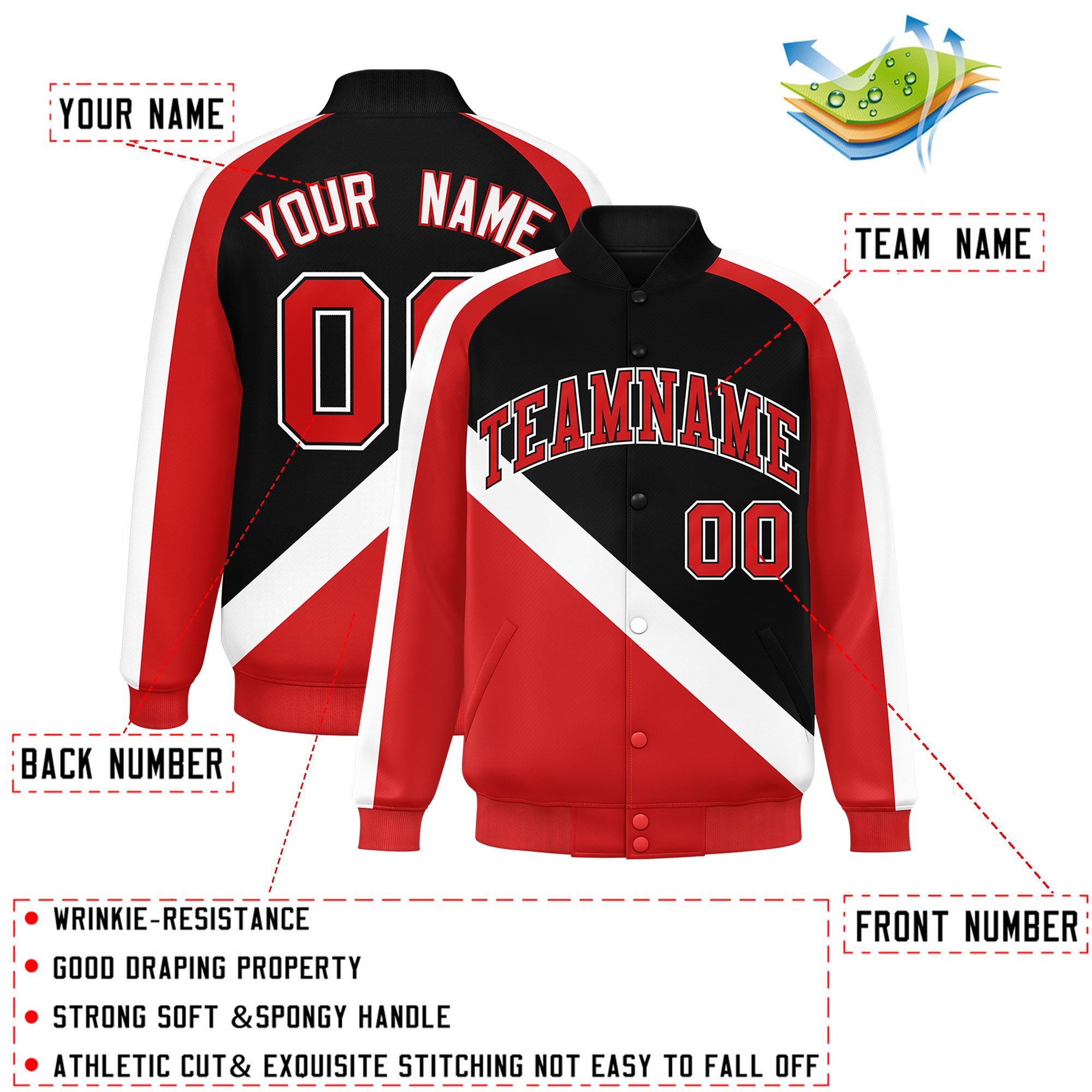 Custom Black Red Raglan Sleeves Varsity Full-Snap Letterman Baseball Jacket