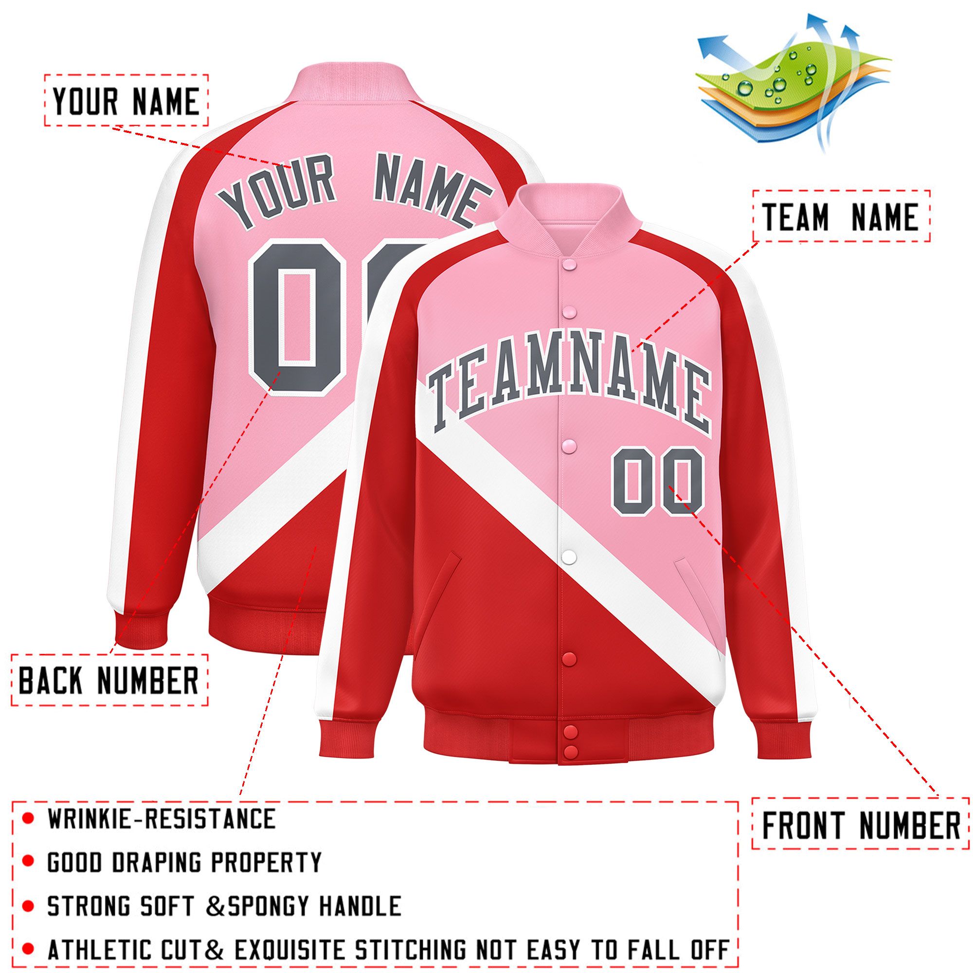 Custom Light Pink Red Raglan Sleeves Varsity Full-Snap Letterman Baseball Jacket