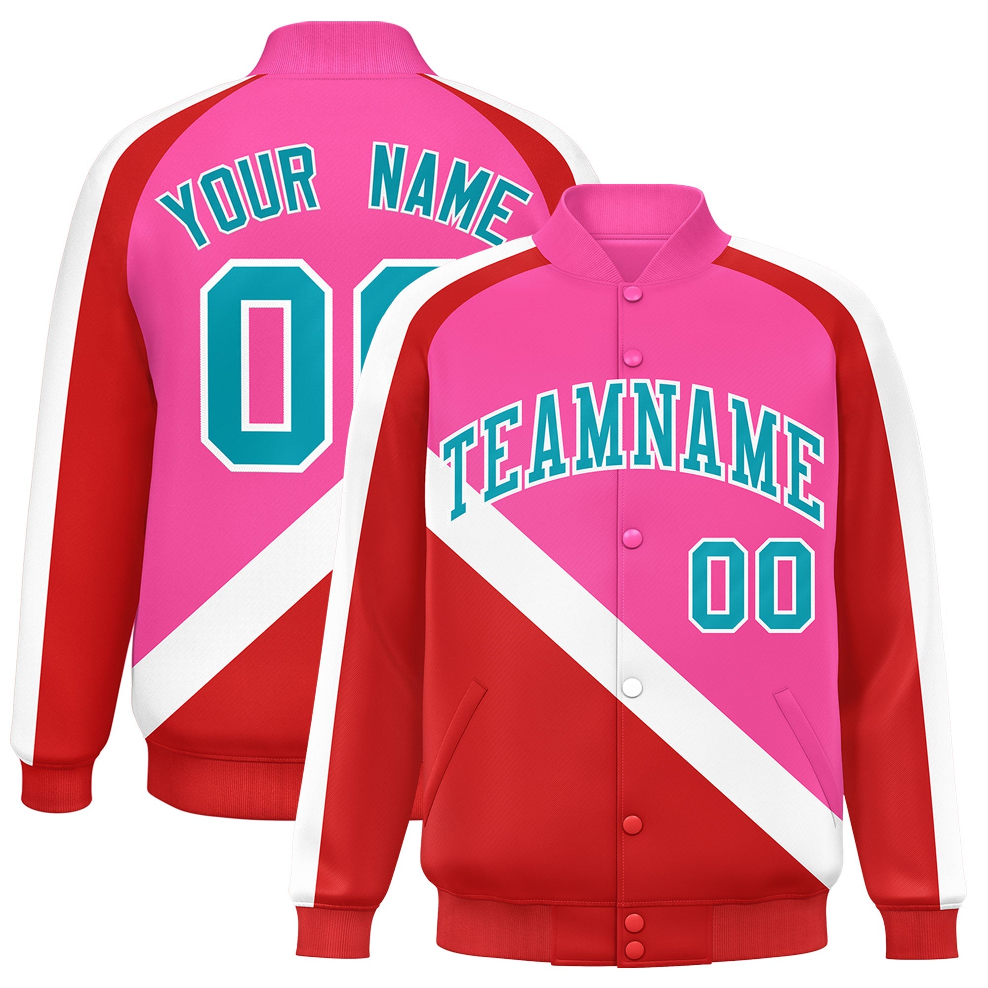 Custom Pink Red Raglan Sleeves Varsity Full-Snap Letterman Baseball Jacket