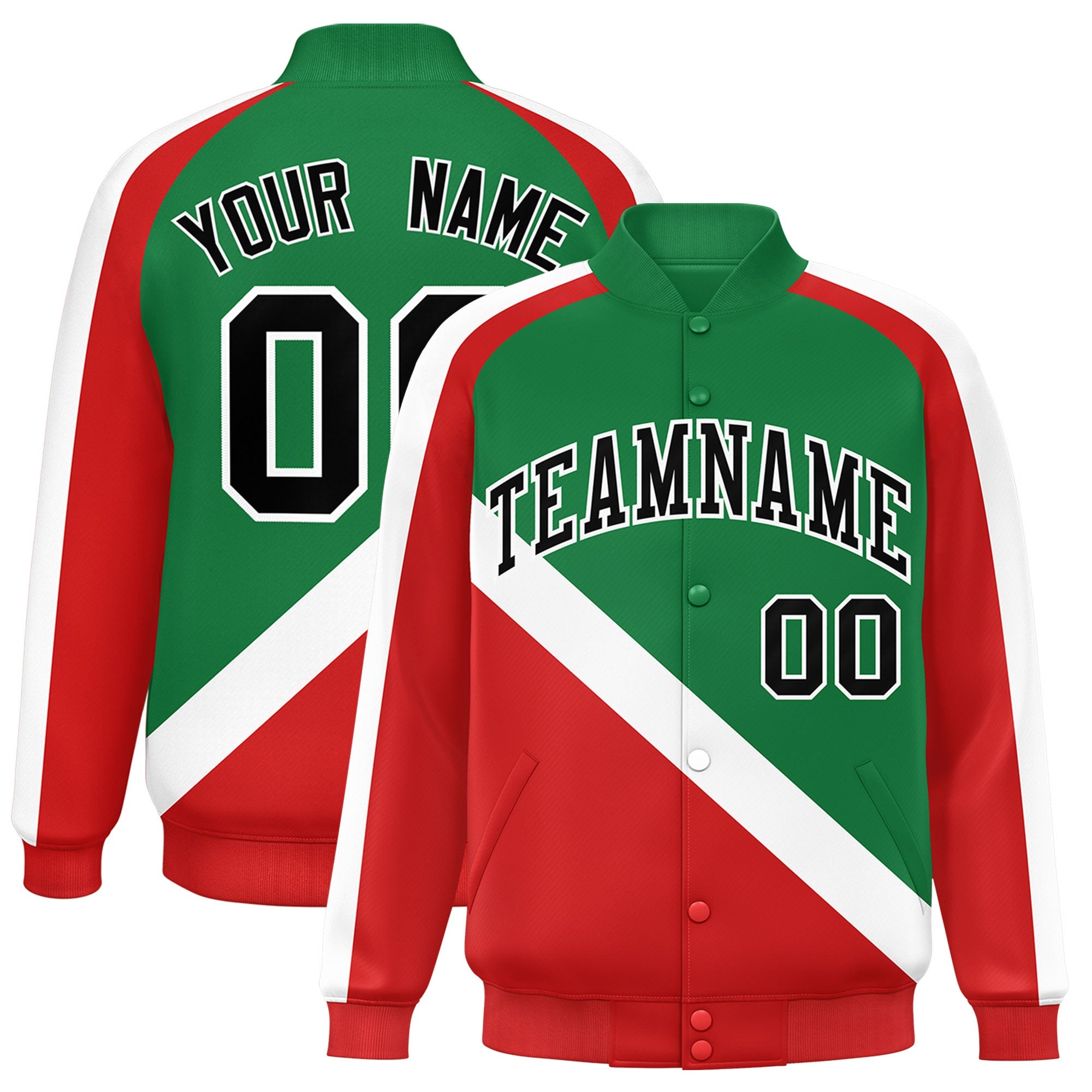 Custom Kelly Green Red Raglan Sleeves Varsity Full-Snap Letterman Baseball Jacket