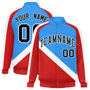 Custom Powder Blue Red Raglan Sleeves Varsity Full-Snap Letterman Baseball Jacket