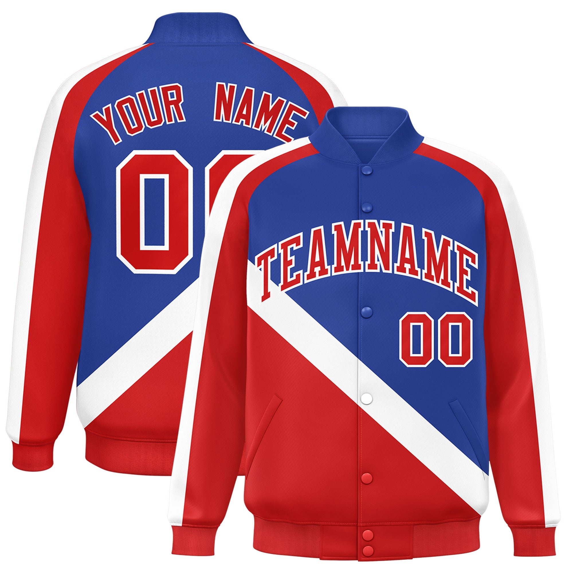 Custom Royal Red Raglan Sleeves Varsity Full-Snap Letterman Baseball Jacket