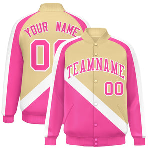 Custom Khaki Pink Raglan Sleeves Varsity Full-Snap Letterman Baseball Jacket