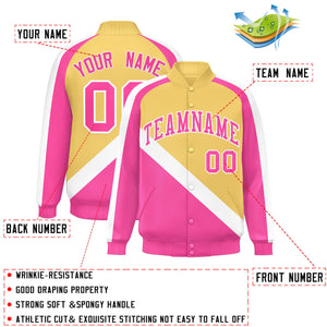 Custom Khaki Pink Raglan Sleeves Varsity Full-Snap Letterman Baseball Jacket