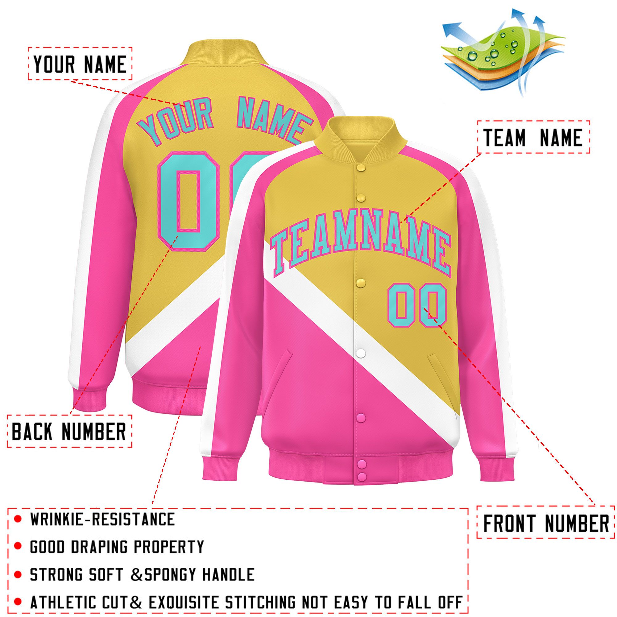 Custom Khaki Pink Raglan Sleeves Varsity Full-Snap Letterman Baseball Jacket