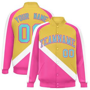 Custom Khaki Pink Raglan Sleeves Varsity Full-Snap Letterman Baseball Jacket