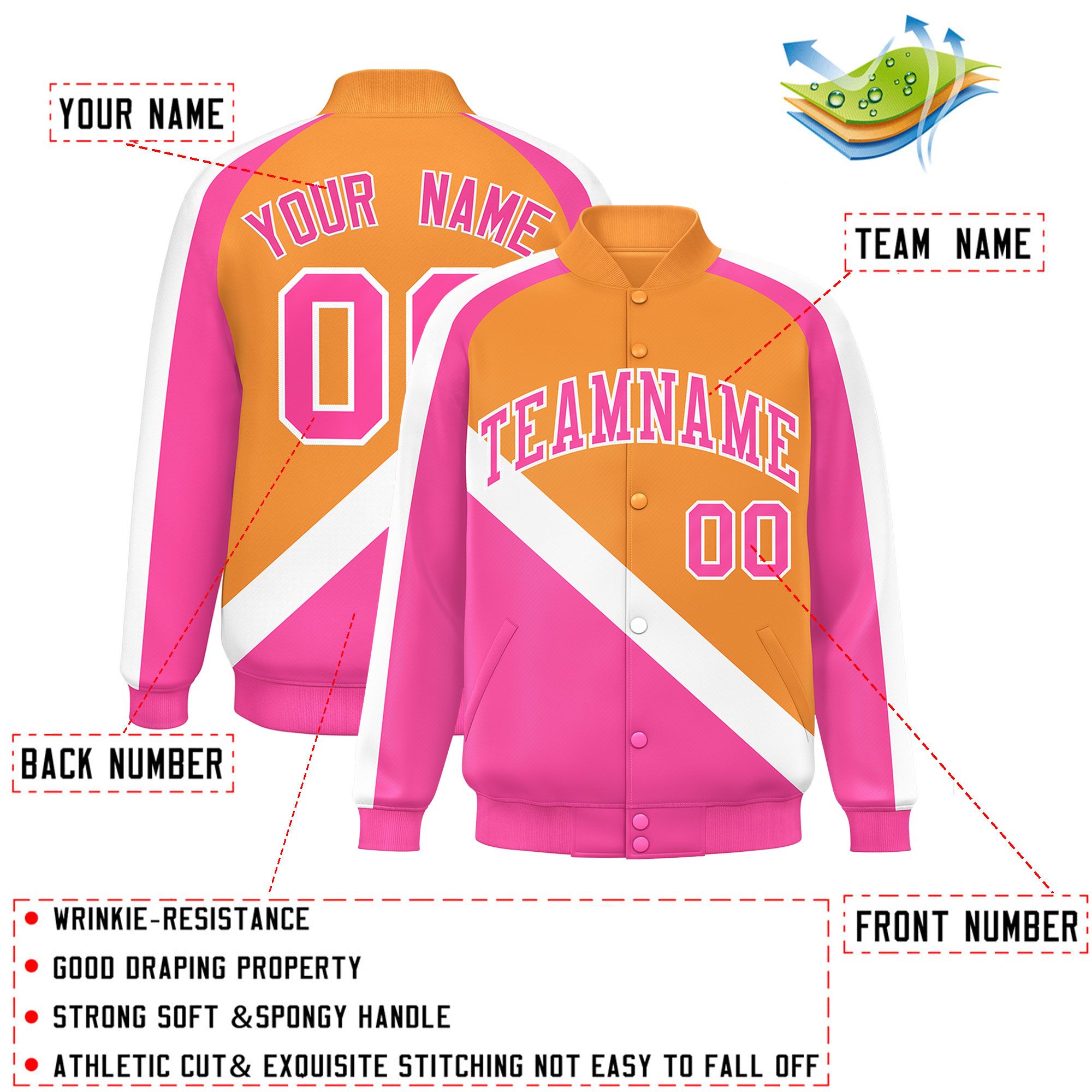 Custom Orange Pink Raglan Sleeves Varsity Full-Snap Letterman Baseball Jacket