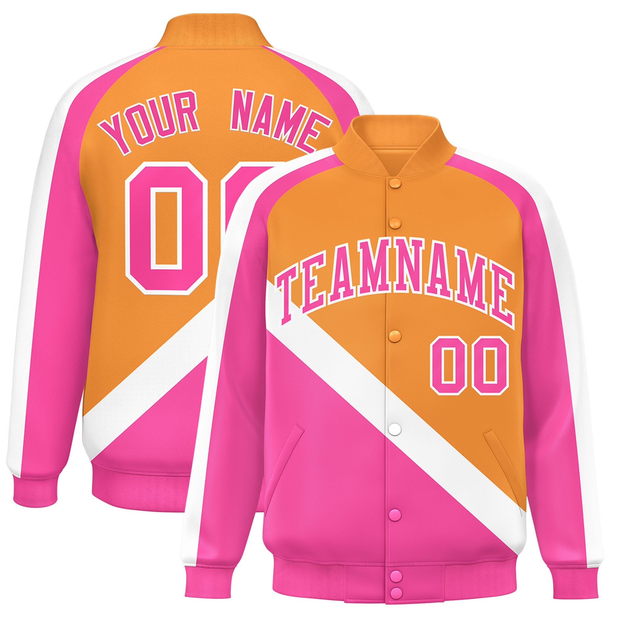 Custom Orange Pink Raglan Sleeves Varsity Full-Snap Letterman Baseball Jacket