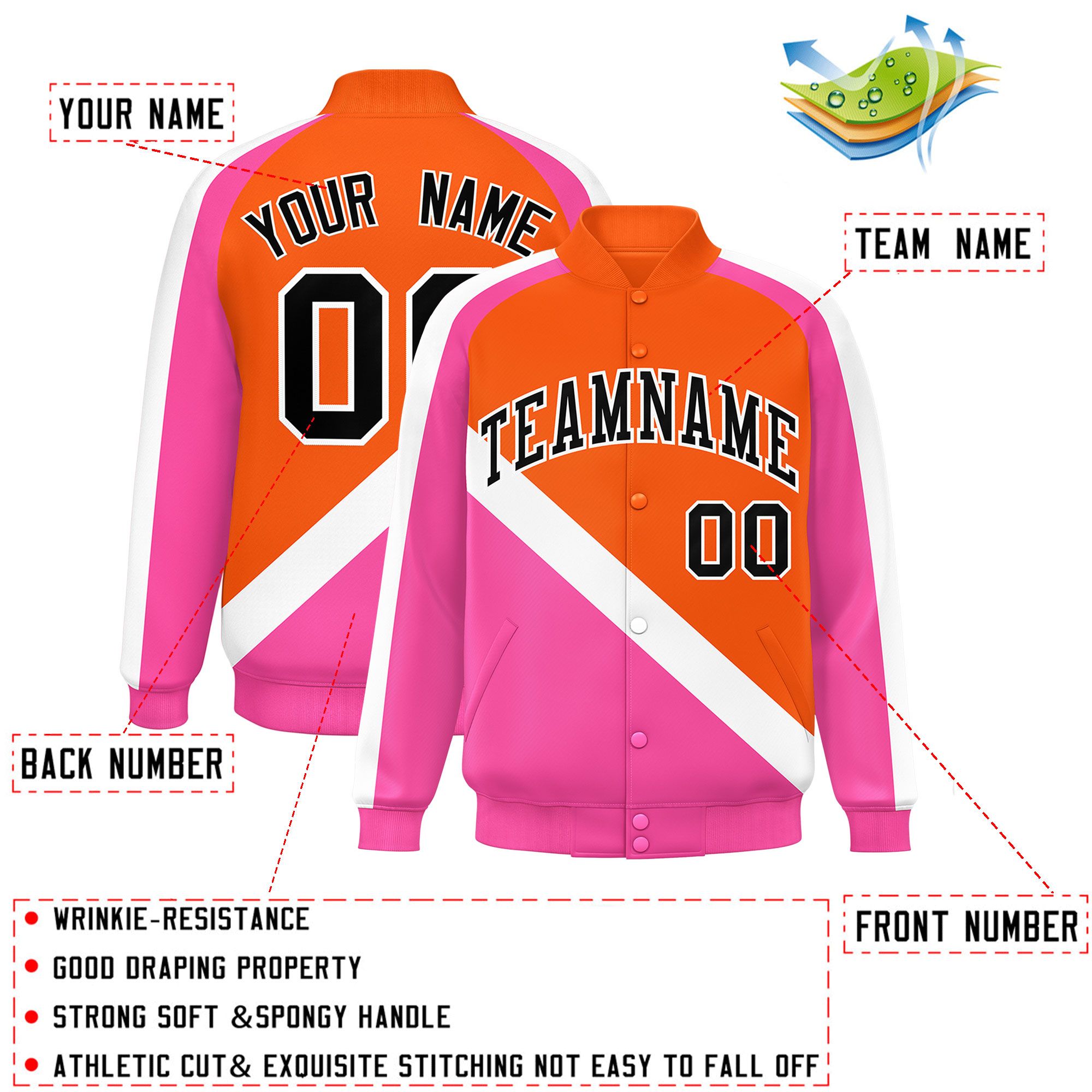 Custom Orange Pink Raglan Sleeves Varsity Full-Snap Letterman Baseball Jacket