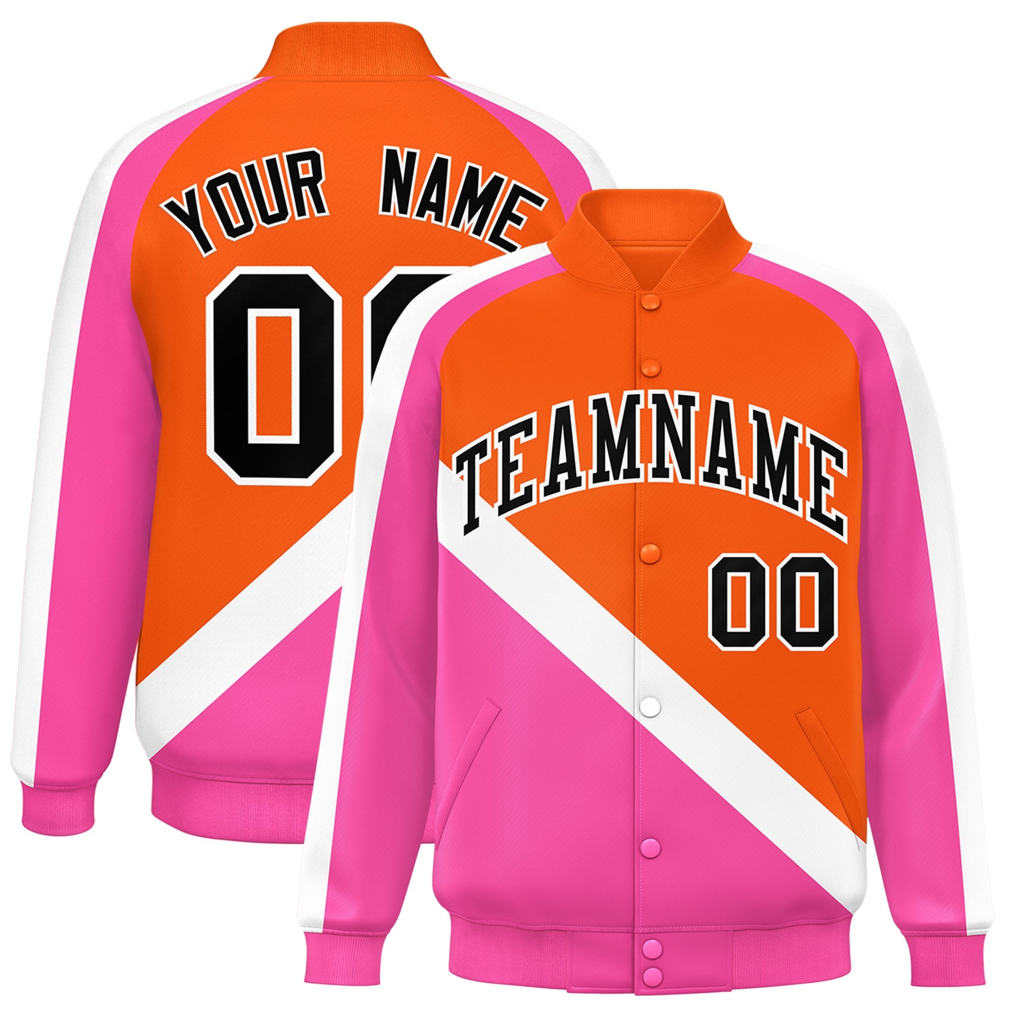 Custom Orange Pink Raglan Sleeves Varsity Full-Snap Letterman Baseball Jacket