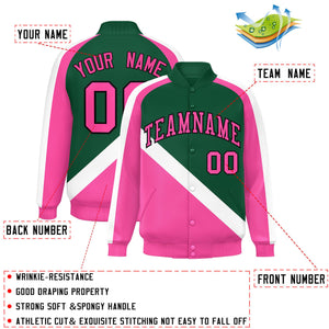 Custom Green Pink Raglan Sleeves Varsity Full-Snap Letterman Baseball Jacket