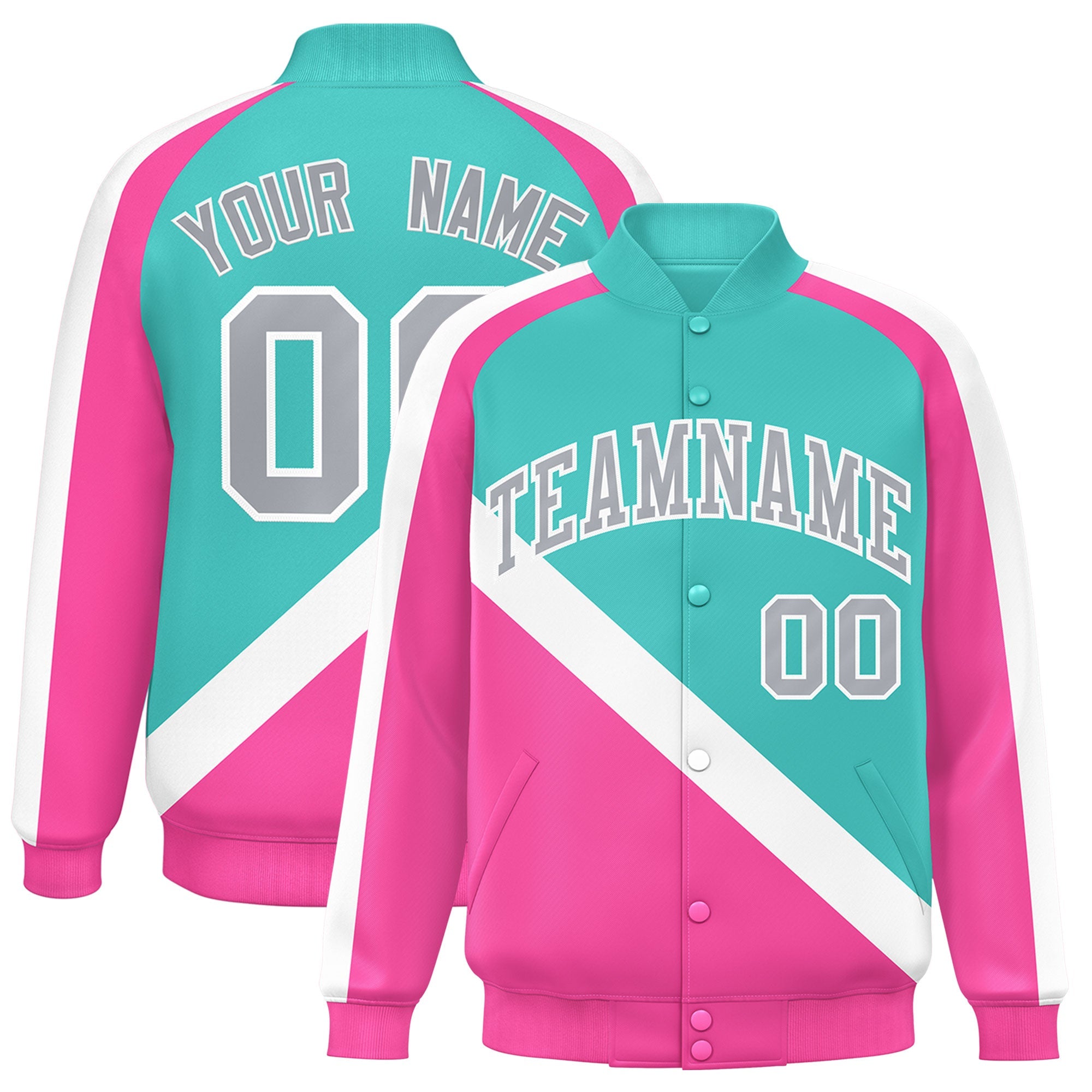 Custom Bright Green Pink Raglan Sleeves Varsity Full-Snap Letterman Baseball Jacket