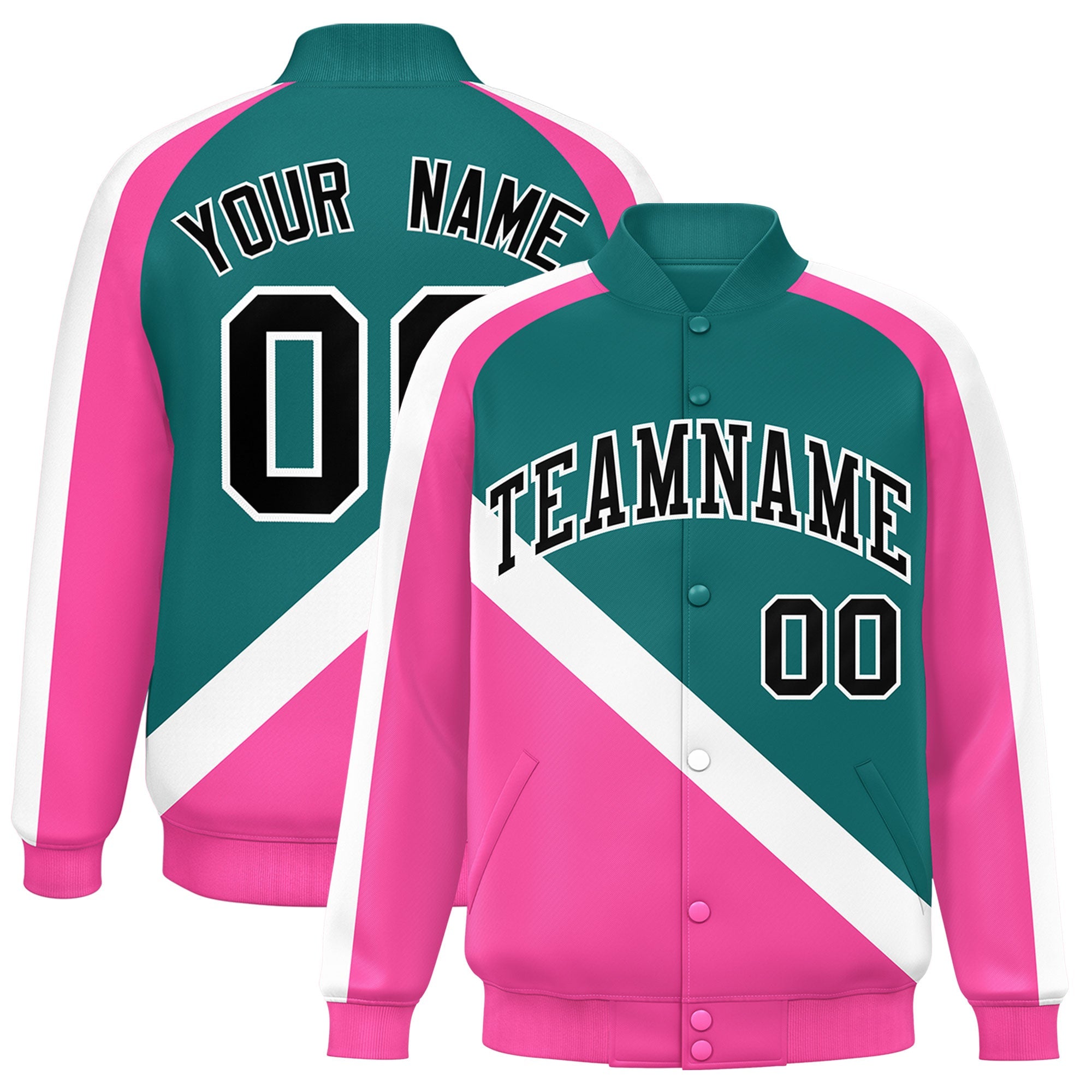 Custom Aqua Pink Raglan Sleeves Varsity Full-Snap Letterman Baseball Jacket