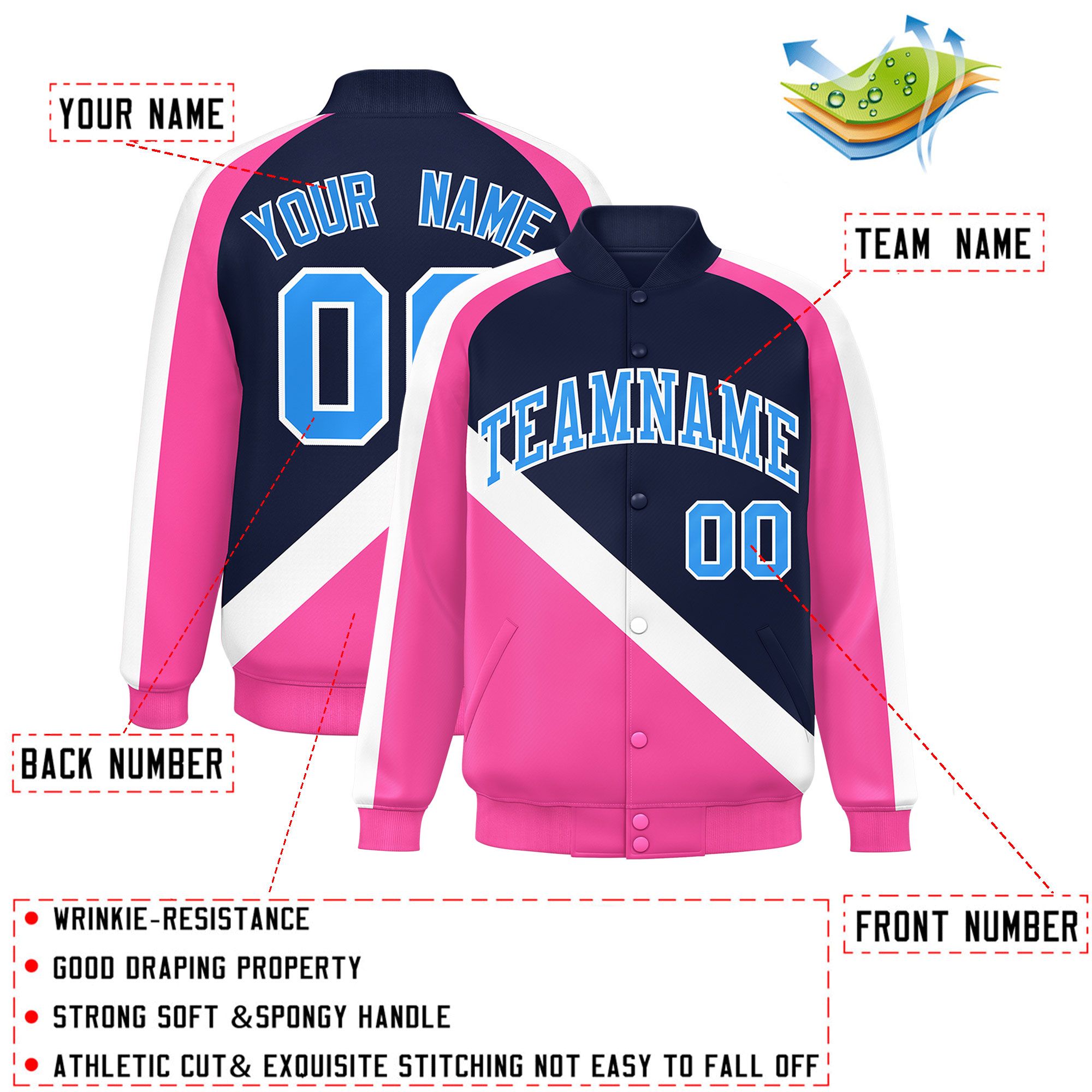 Custom Navy Pink Raglan Sleeves Varsity Full-Snap Letterman Baseball Jacket